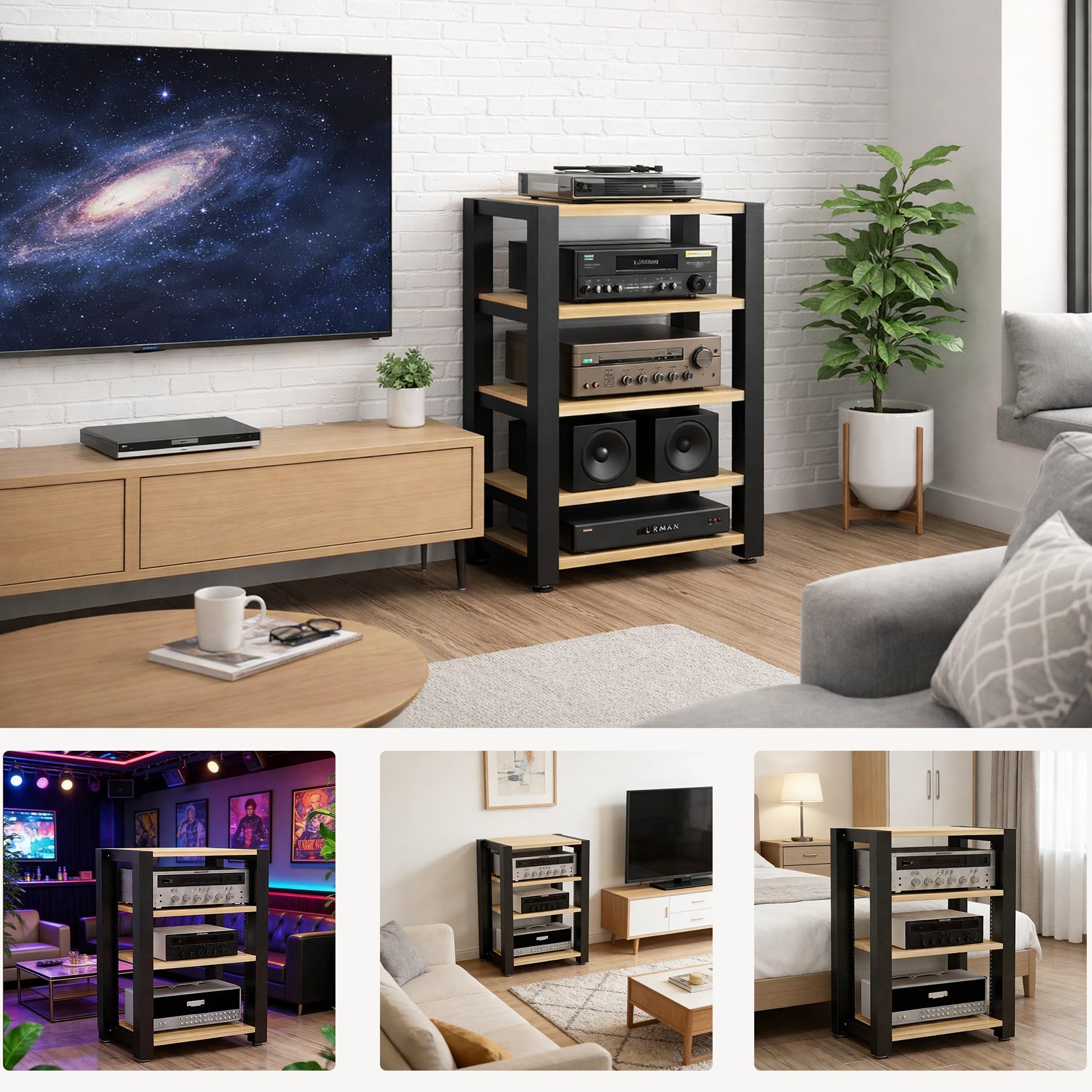 Étagère réglable avec roulettes pour matériel audio et stockage multimédia dans le salon, le bureau, ou le home cinéma