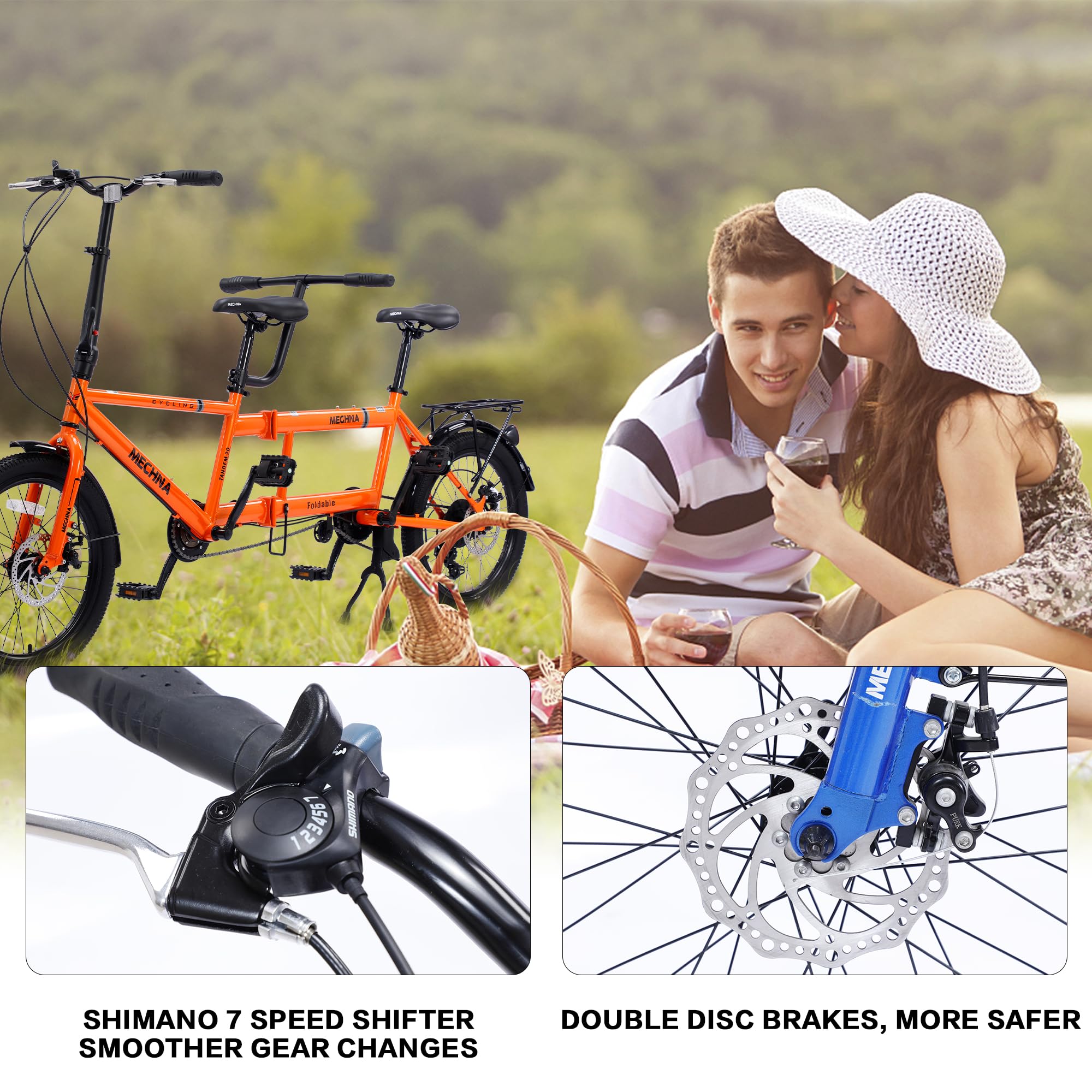 GOJLEX Foldable Tandem Bike, 20”City Tandem Folding Bicycle, 7-Speed Adjustable Cruiser Bike Folding Bike with 3 Seats& Disc Brake, CE FCC CCC