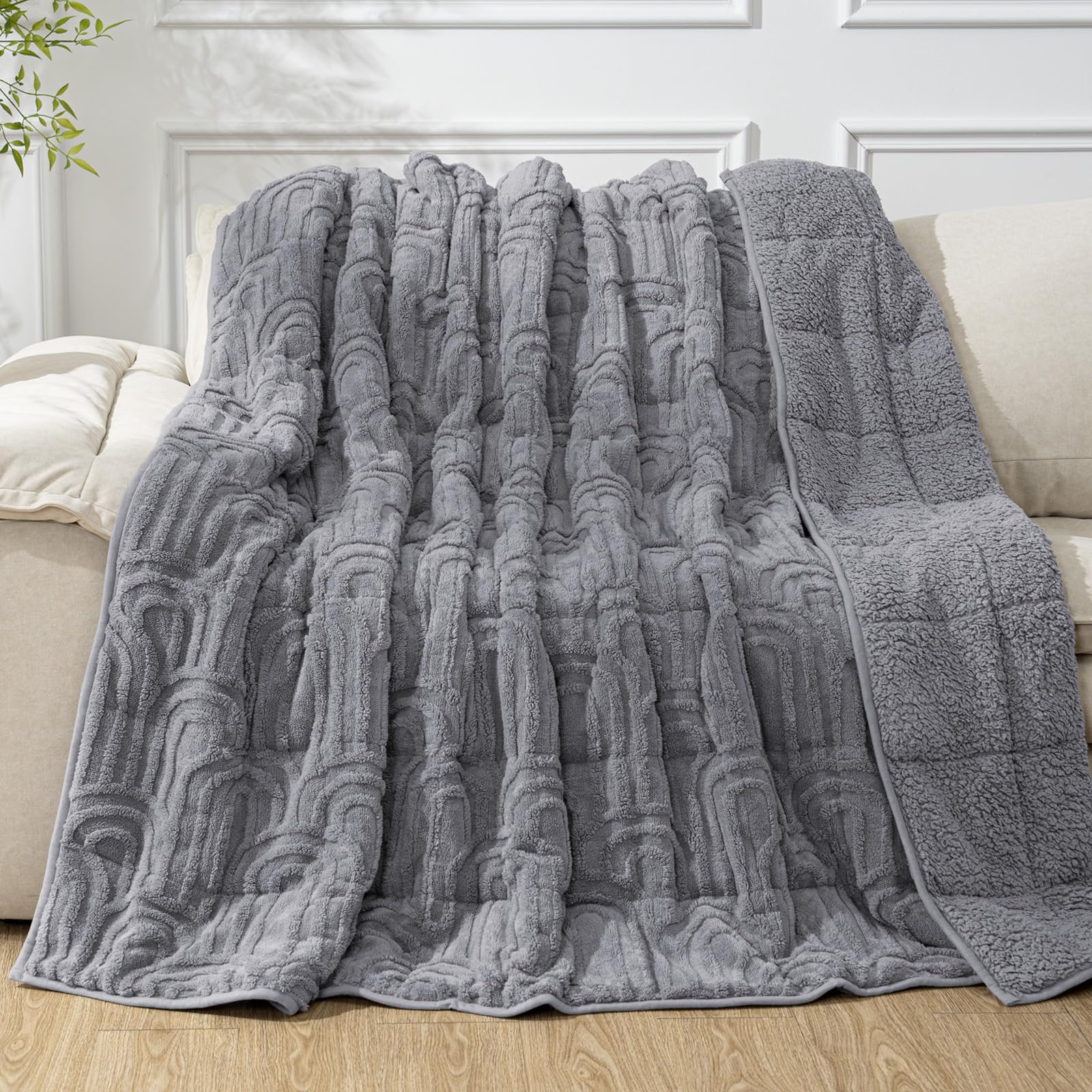 Cottonblue Jacquard Weighted Blanket for Adults 15lbs Twin Size Bed 48"x72" | Soft Fuzzy Fleece Weighted Blankets Throw for Sleep Calm Relax, Fuzzy Warm Arch Bed Sofa Couch Heavy Blanket, Grey, Washable