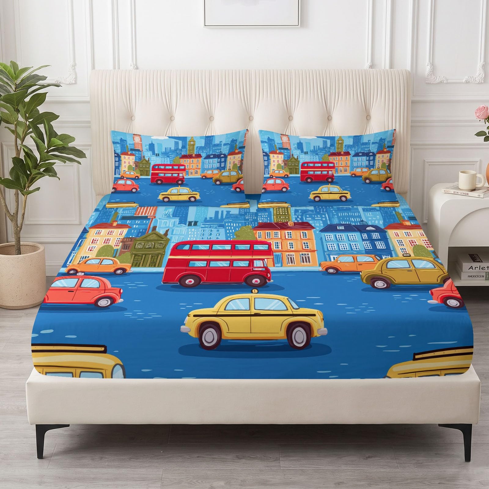 Juego de 3 sábanas bajeras ajustables de 90 x 200 cm para cuna, diseño de dibujos animados, de microfibra transpirable, sábana bajera con vehículo y 2 fundas de almohada de 80 x 80 cm con cremallera