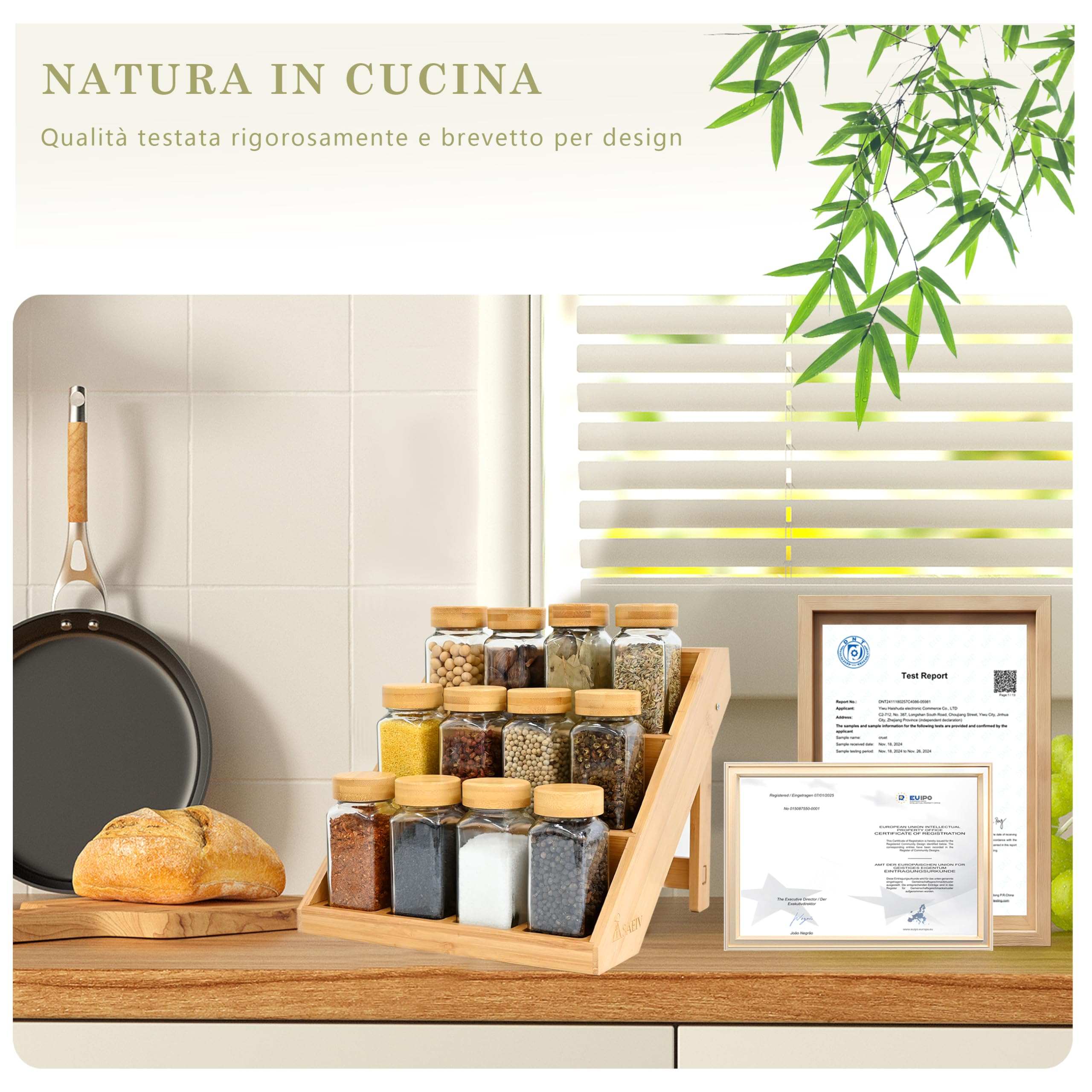 SAEIV Portaspezie 12 Barattoli Vetro Bambù a 3 Livelli, Porta Spezie per Cucina Salva Spazio, Porta Spezie per Piano e Cassetto, Portaspezie Salvaspazio con Tutti gli Accessori