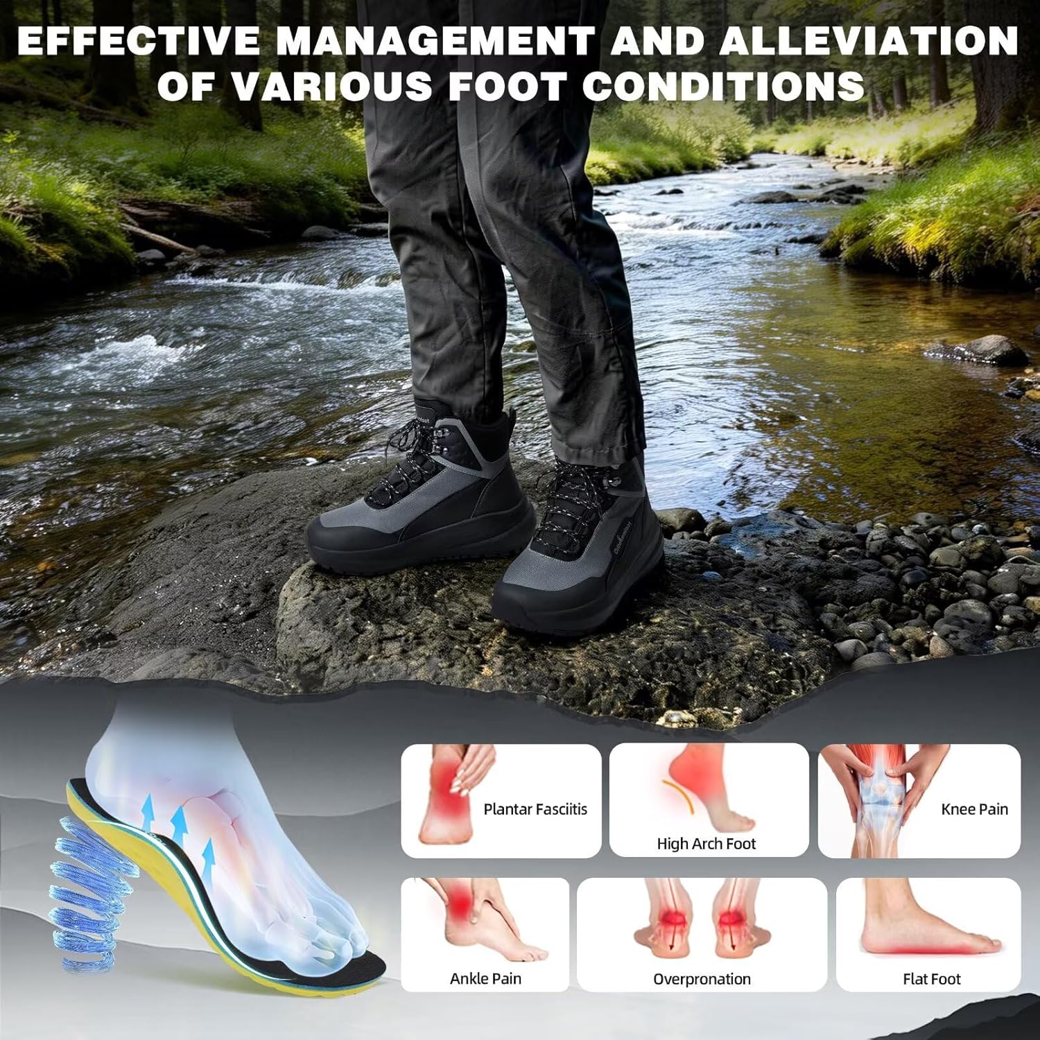 Men's Orthopedic Wide Waterproof Hiking Boots: Comfortable Plantar Fasciitis Diabetic Arch Support Trekking Walking Shoes, Orthotic Non Slip Outdoor Adventures Mid Ankle Boots for Foot and Heel Pain - Image 3