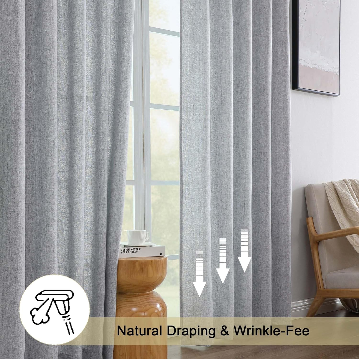 Simplebrand Grey Linen Curtains 96 Inches Long 2 Panels, Faux Linen Textured Semi Light Filtering Farmhouse Curtains & Drapes, Soft Airy Slub Window Curtains for Living Room Bedroom, Each 52" Wx96 L