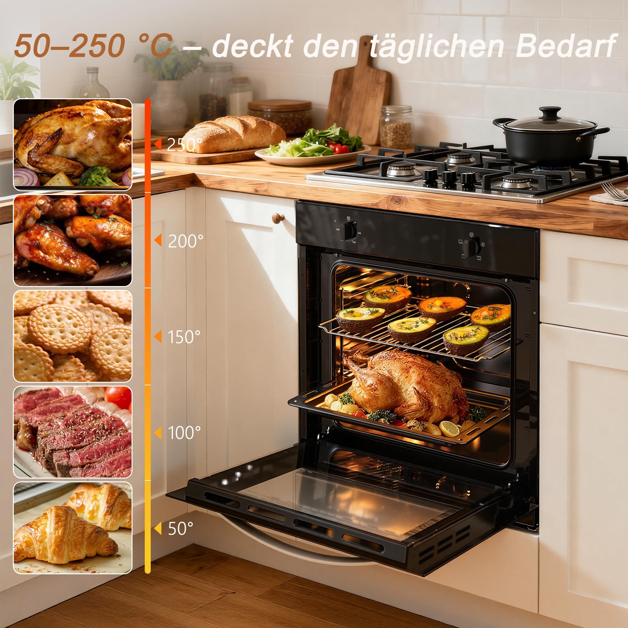 Karinear Einbaubackofen 60 cm 65L mit Stecker, 4 Programme, 2000W, Schwarz | 65L Einbaubackofen mit Stecker, 4 Programmen, 2000W Schnellheizung und einfacher Knopfsteuerung, 50–250°C Temperatur