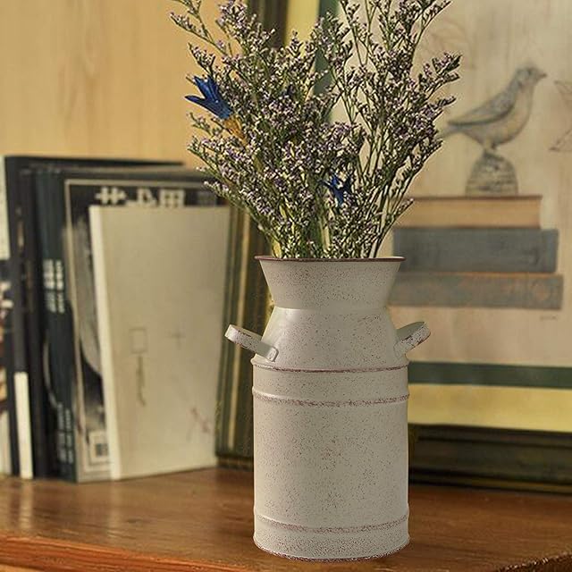 Fovasen Metal Galvanized Flower Vase Milk Can Jug Bucket French Vintage Country Decorative with Handle for Rustic Farmhouse Home Wedding Centerpiece Decor & Housewarming Gift -7.5" H/Beige