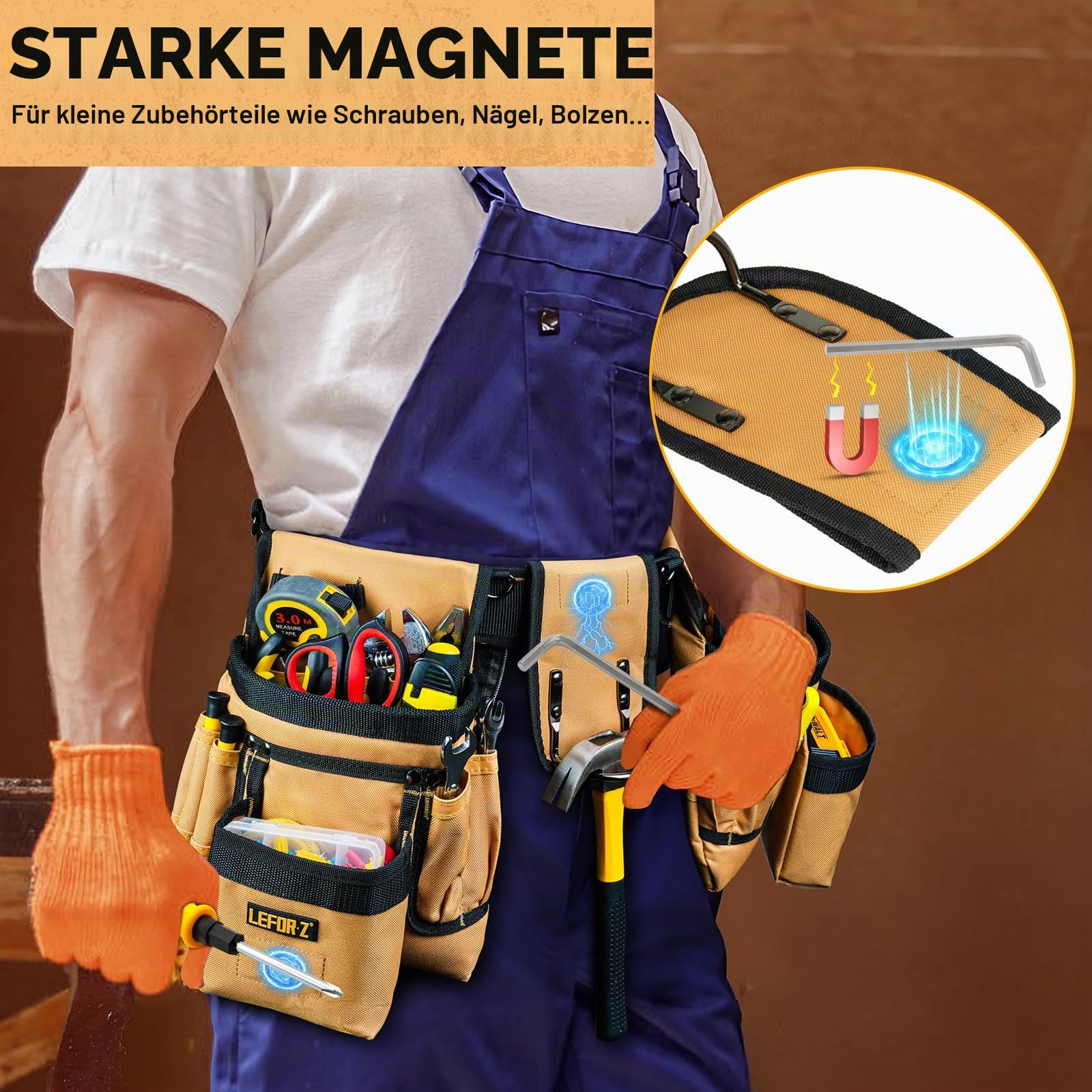 Werkzeuggürtel,Magnetische Werkzeugtasche Gepolsterter mit 27 Taschen 4 D-Ringen für Herren,Robust Abnehmbare Verstellbare Allzweckgürtel für Elektriker,Männer,Tischler,Bauarbeiter,Schwarz Braun
