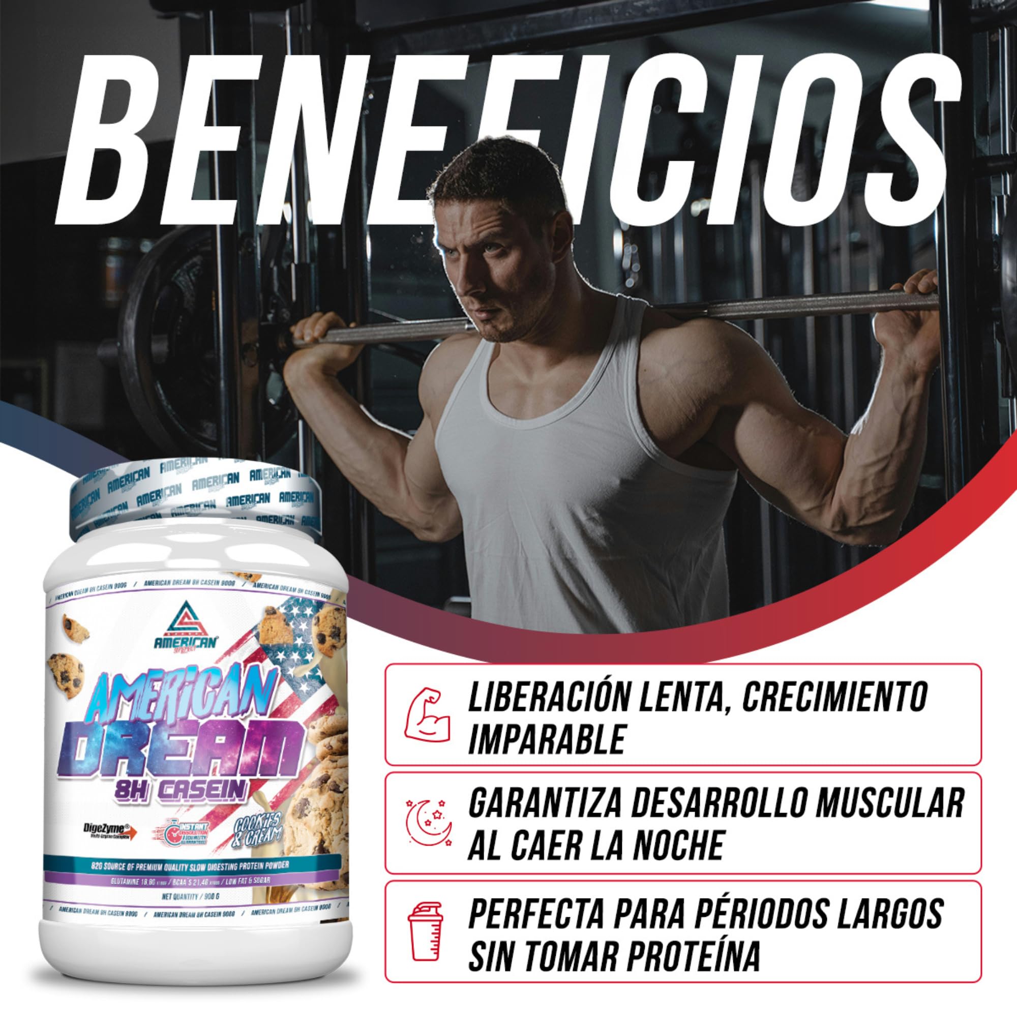 American Dream Casein | Caseina Micelar | Evita el Catabolismo | Caseina Proteina | Recuperador Muscular | con Proteina de Suero de Leche | 900 gramos (900g, Cookies)