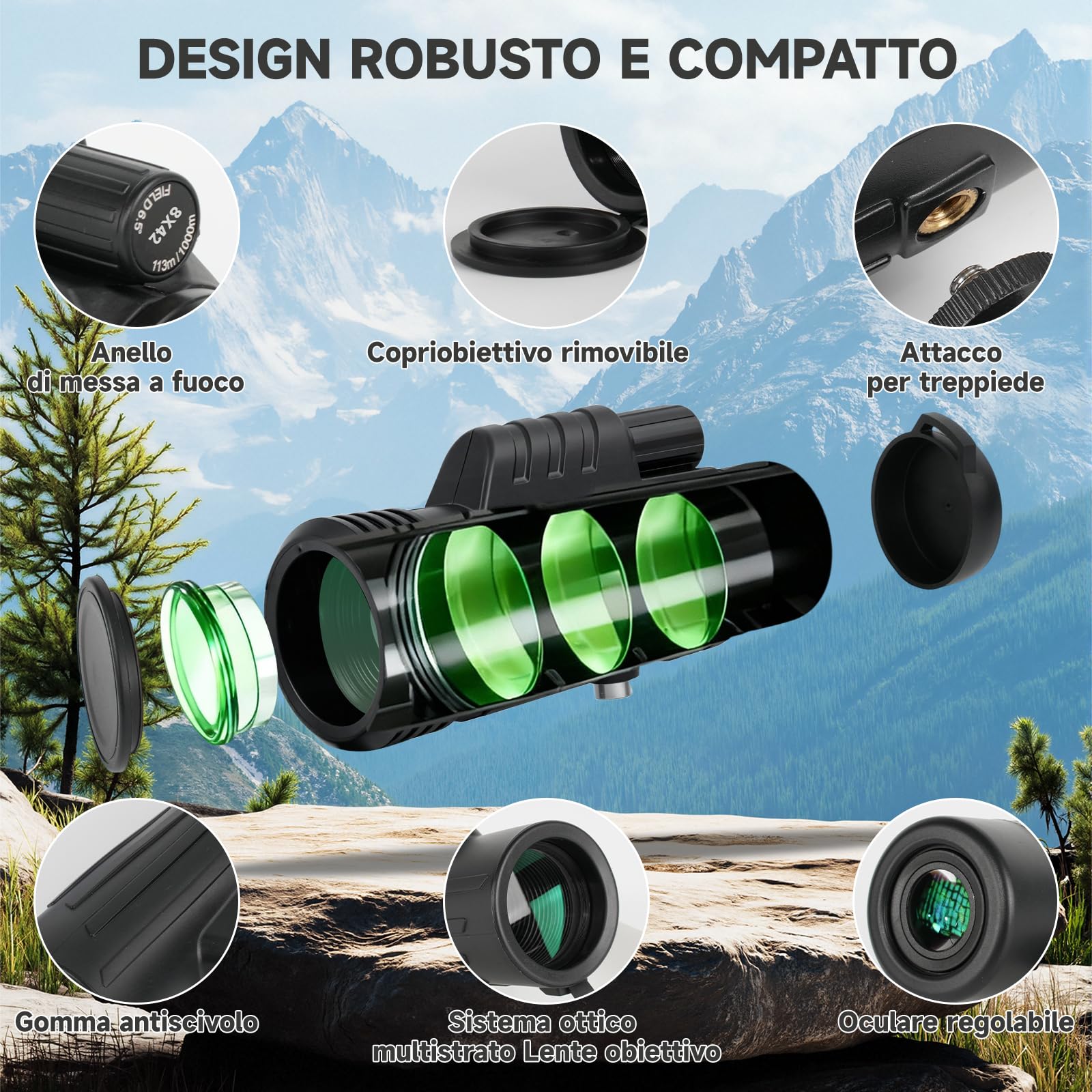 Telescopio Monoculare 8x42 ad Alta Potenza per Campeggio | HD Telescopio Monoculare Professionale Compatto per Adulti con Treppiede, per animali selvatici,caccia, campeggio