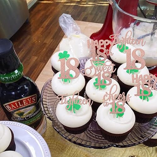 Miniatura 7 de Rsstarxi Paquete de 30 adornos para cupcakes de cumpleaños número 18 con purpurina de oro rosa, 18 palillos para cupcakes, decoraciones de pasteles