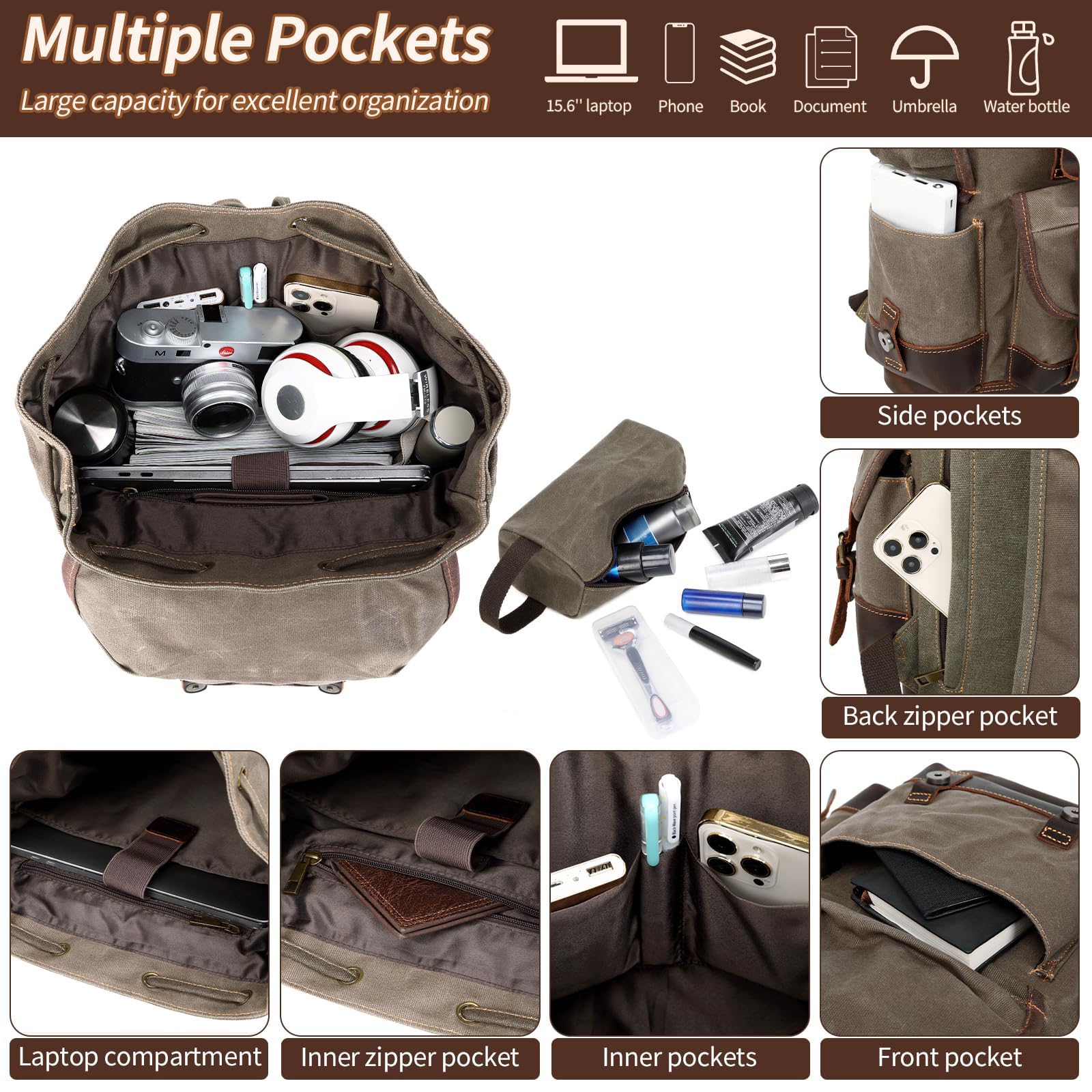 Wogarl Zaino in pelle da uomo, in tela cerata, stile vintage, per lavoro, università, viaggi, escursionismo, con borsa da toilette (verde militare), verde scuro, Medium, Tempo libero