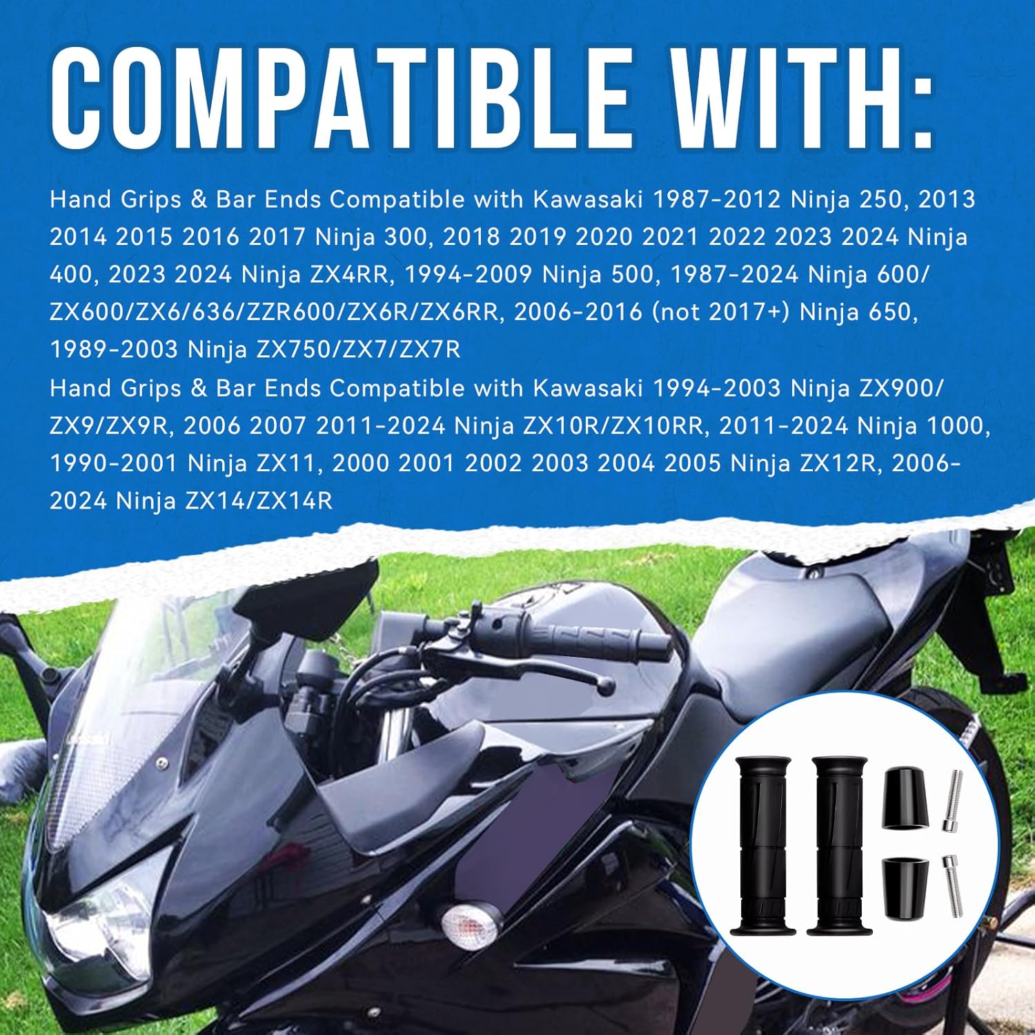 2Pcs Black Hand Grips & Bar Ends(Left+Right) Compatible with Kawasaki Ninja 250 300 400 500 ZX4RR 600 ZX600 ZX6 636 ZX6R 650 ZX750 ZX7 ZX7R ZX900 ZX9 ZX10R 1000 ZX11 ZX12R ZX14 ZX14R