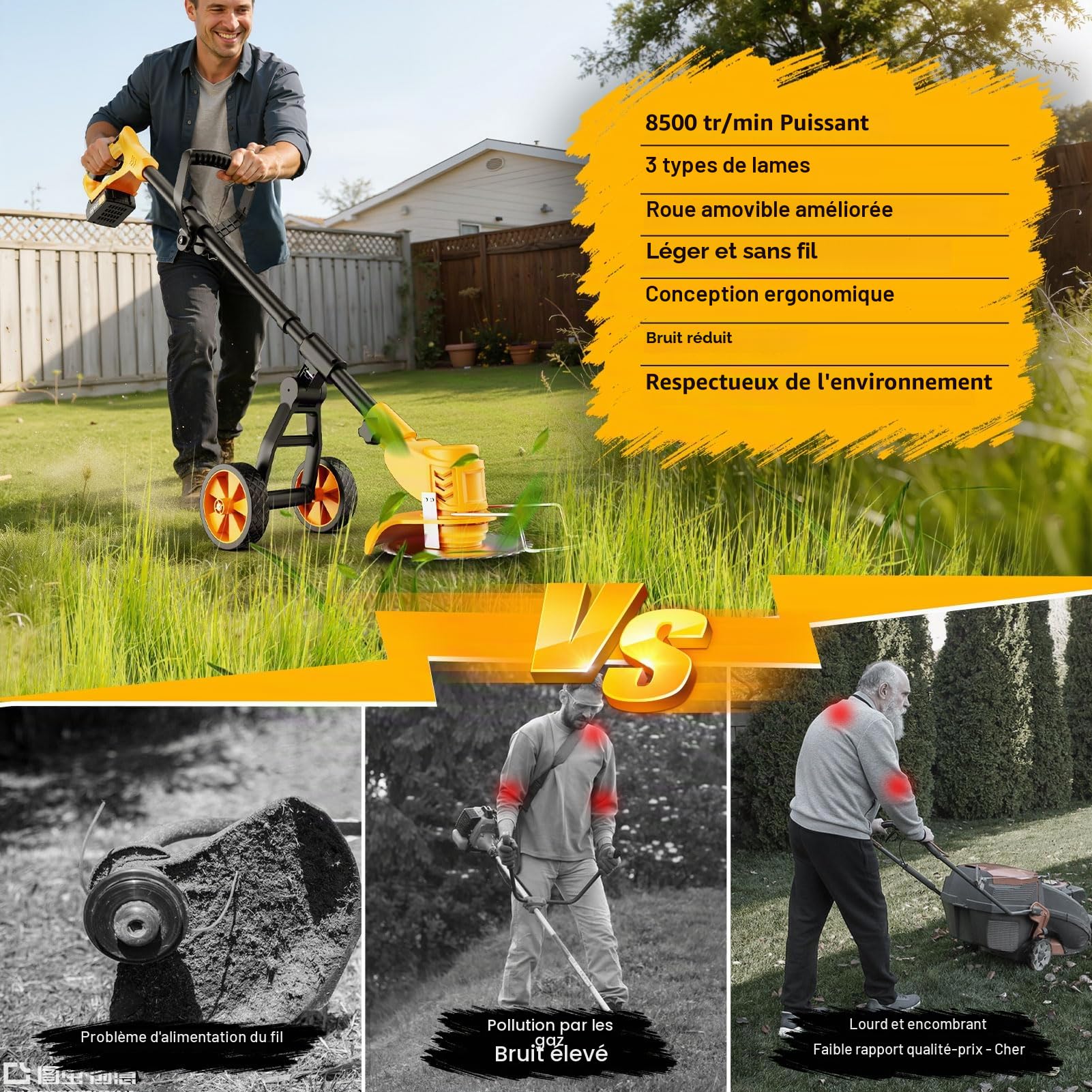 Debroussailleuse Electrique sans Fil 21V avec 2 Batteries, Coupe Bordure sans Fil avec Chargeur et Roues Amovibles, Coupe Bordure sans Fil avec Batterie pour Tondre Le Jardin et la Pelouse.