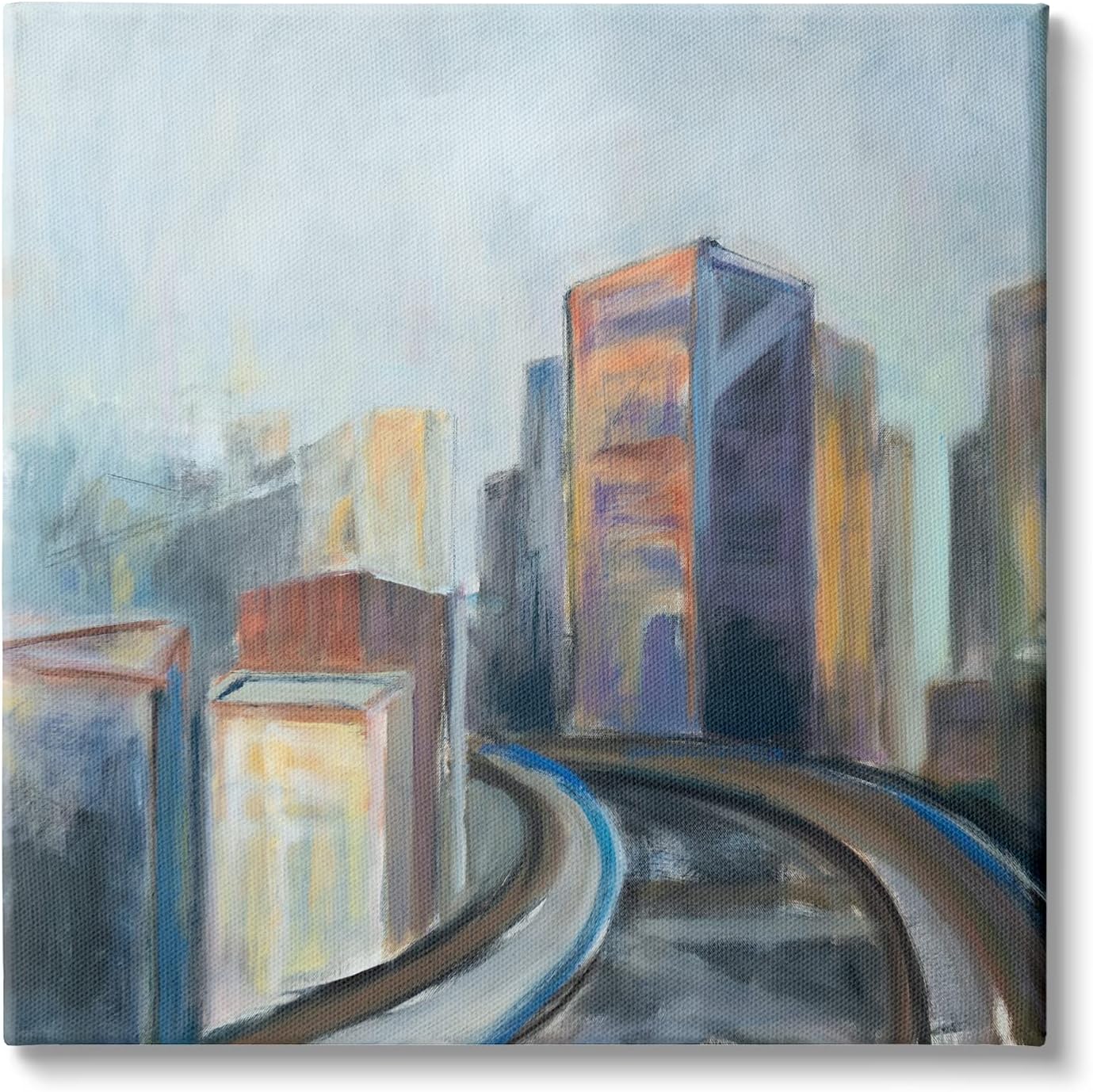 Stupell Industries Contemporary Cityscape Painting Abstract Railway Though Urban Skyline, Designed by Susanne Marie White Framed Wall Art, 17 x 17, Blue