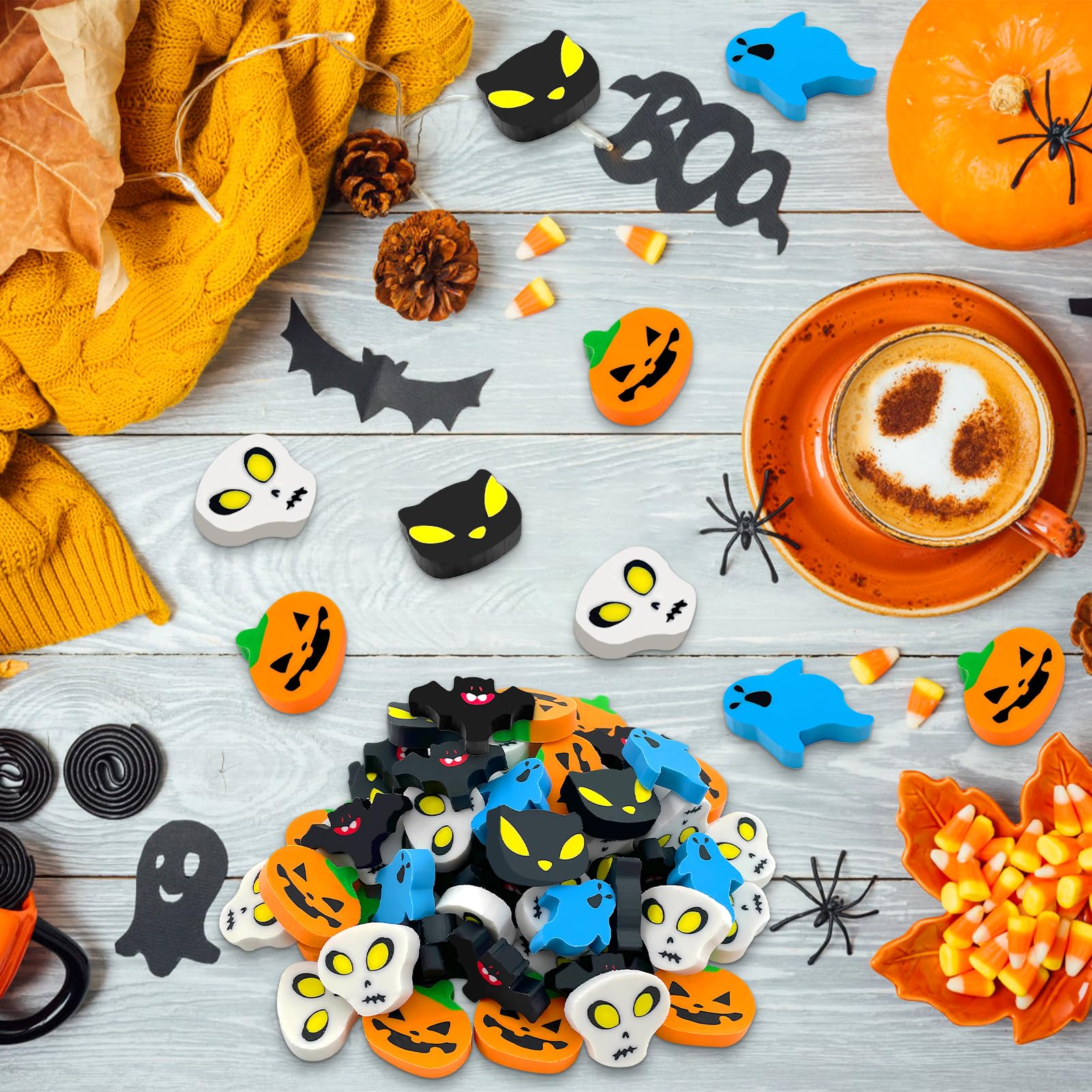 50 Mini Gomme da Cancellare per Halloween - Forma Zucca e Teschio per Bambini - Regalino Ufficio e Cancelleria