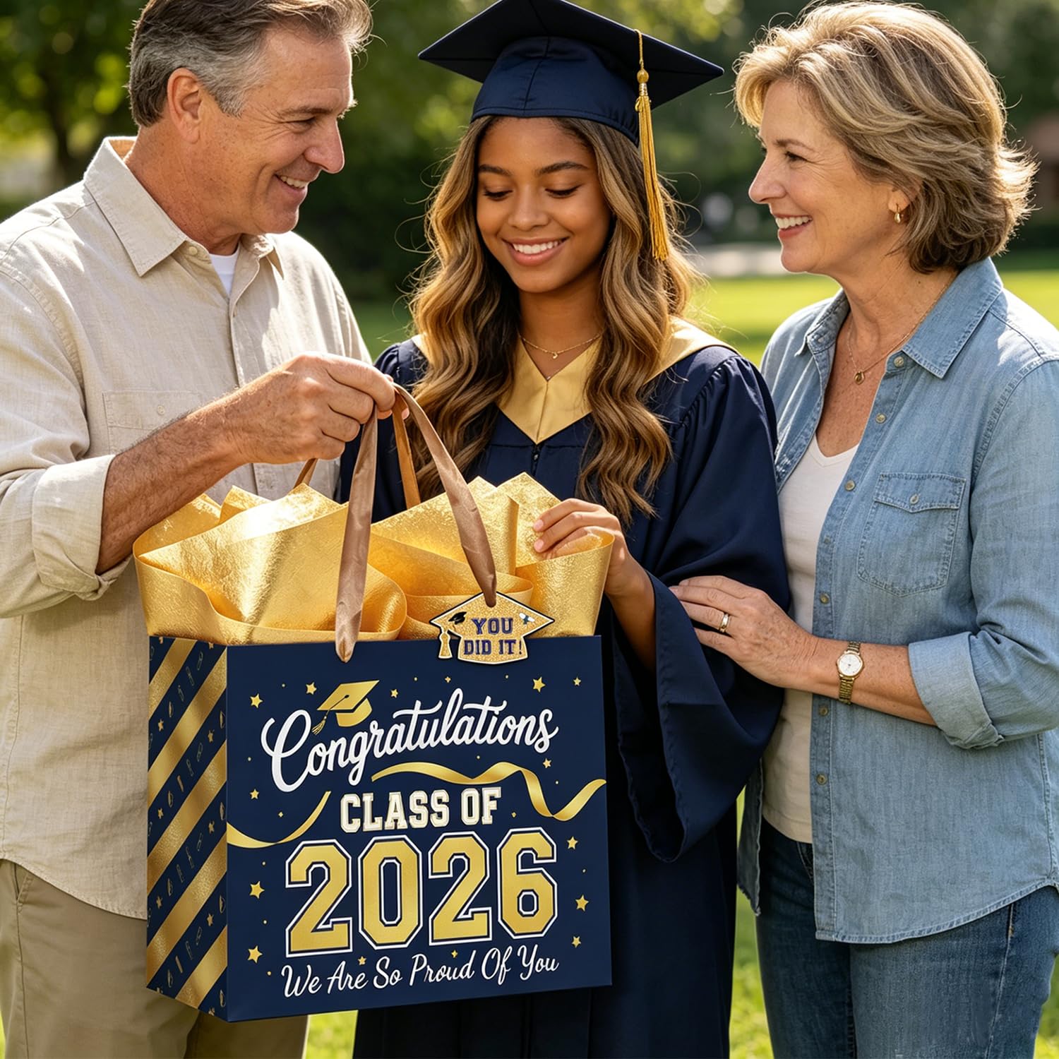 TOTEUSVIA 13" Large Graduation Gift Bag, Blue Gold Congratulations Gift Bags for Class 2026 with Tissue Paper and Greeting Card