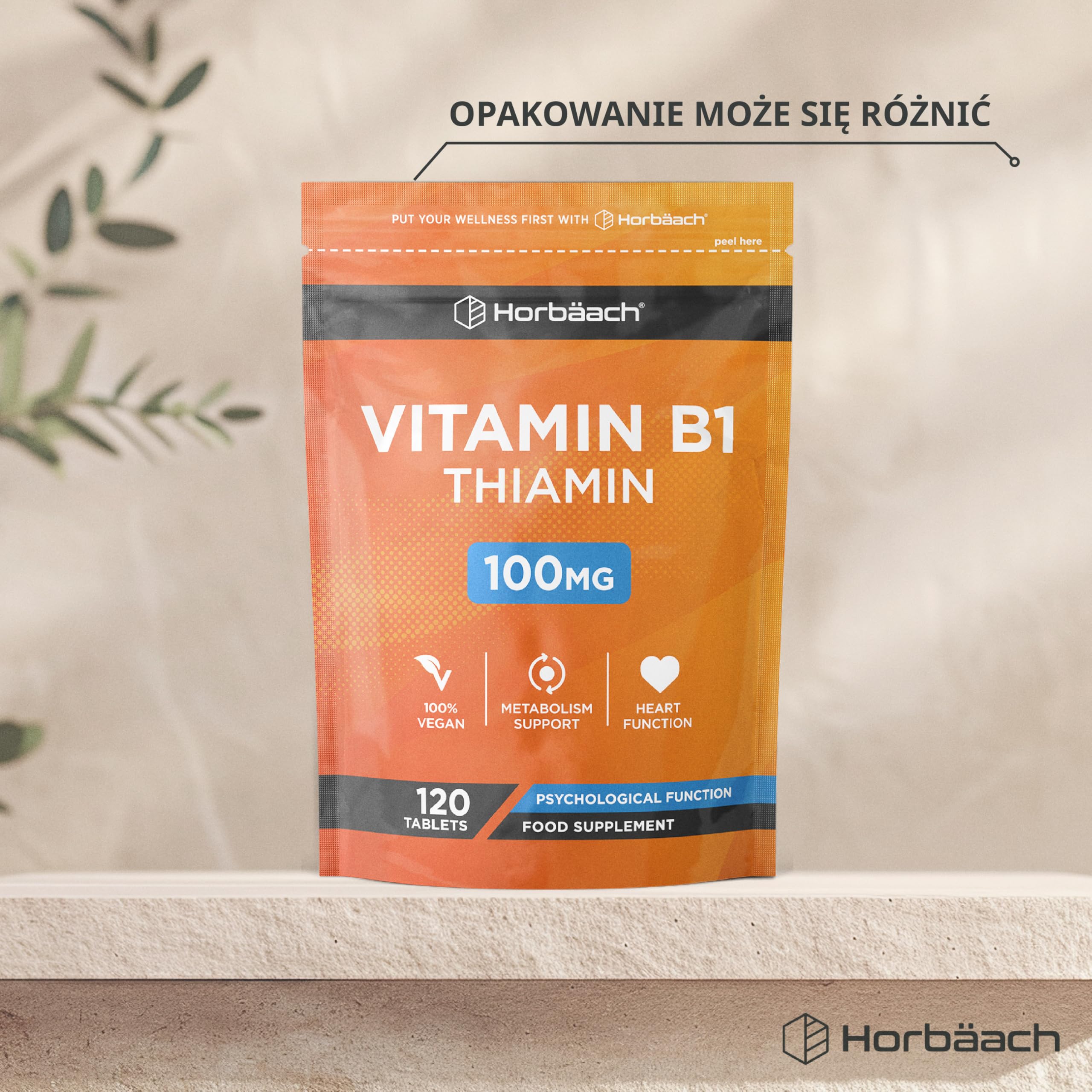Witamina B1 (Tiamina) 100mg Tabletki | 120 Sztuk (Zapas Na 4 miesiące) | Witamina B1 Wysokiej Mocy | Suplement Odpowiedni Dla Wegan i Wegetarian | Firma Horbaach