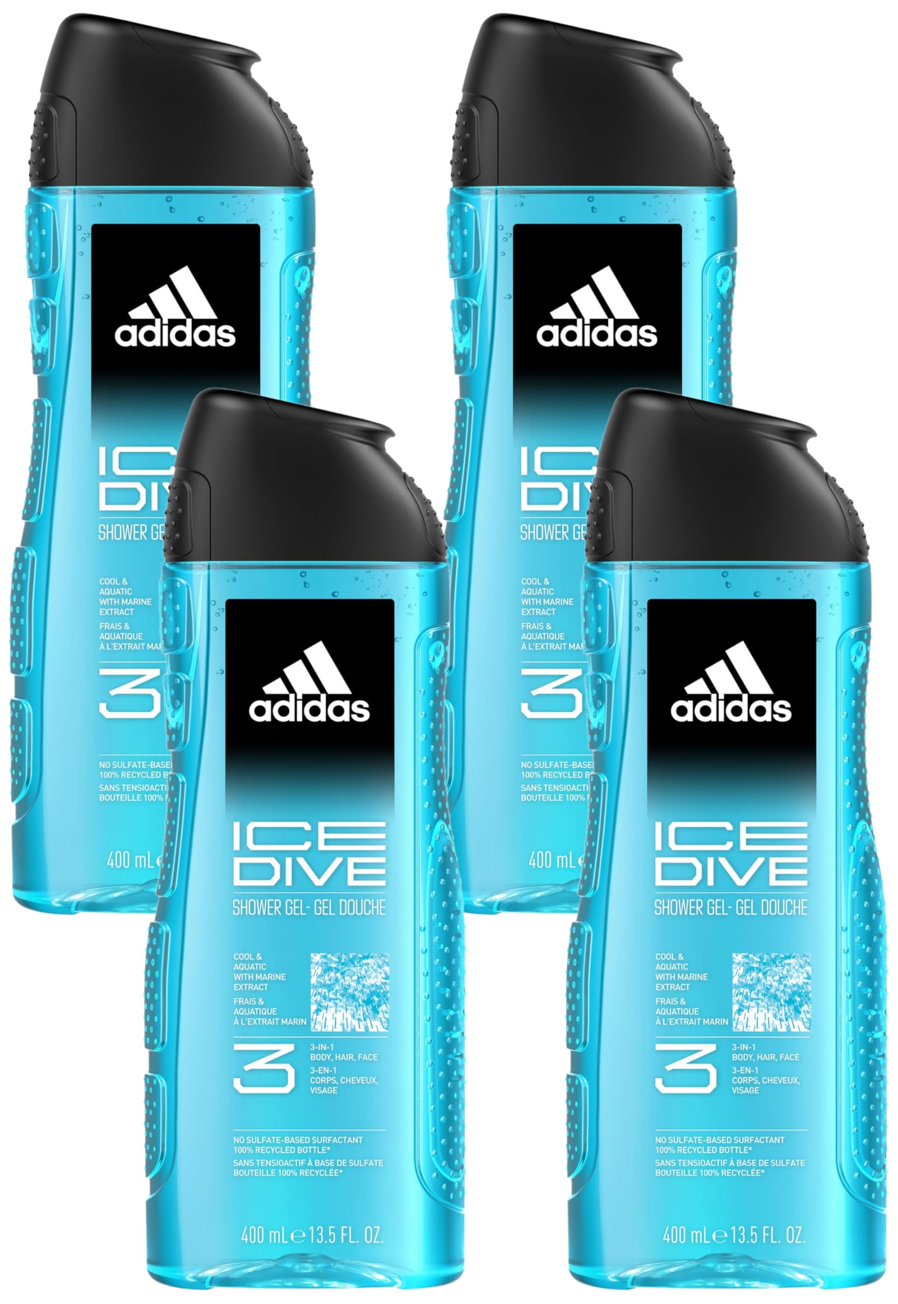 adidas 3in1 Ice Dive Duschgel für ihn, mit aquatisch-frischem Duft, 400 ml (Packung mit 4)