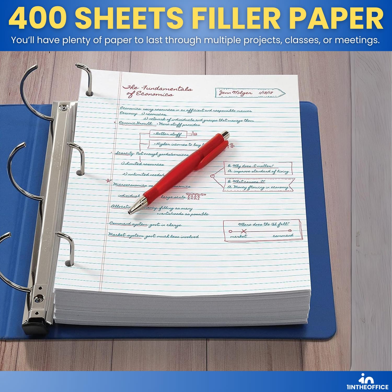 1InTheOffice - Papel De Hojas Sueltas Con Rayas Universitarias, Papel De Cuaderno Para Carpeta De 3 Anillos, Papel De Relleno Forrada, Tamaño Carta, Paquete De 200