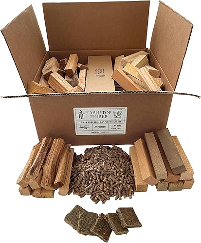 Triple Fuel - Kit de mini leña  Mini leña, encendedores, leña gratis  15 libras de troncos divididos a mano, piezas de leña recuperada, pellets de