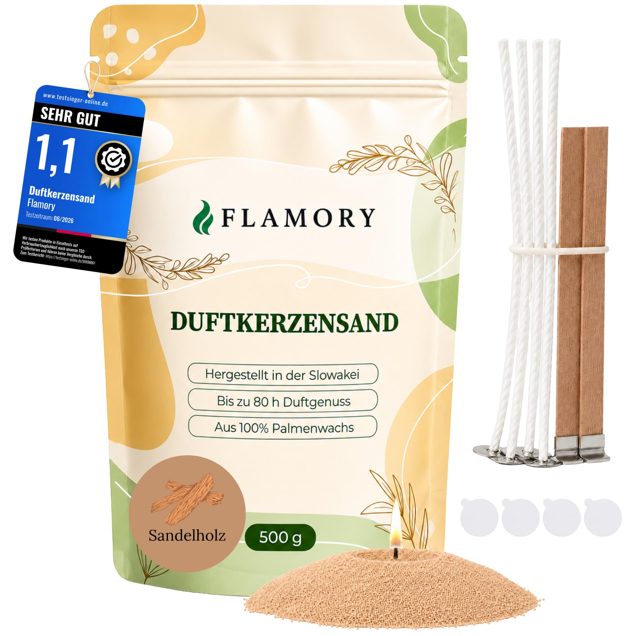 Kerzensand mit Duft 500g (Sandelholz) – Duftkerzensand – 6 Dochte inklusive – 100% Pflanzenwachs, rußarm, ohne Paraffin – bis 80 Std. Brenndauer – Candle Sand – Kerzensand mit Docht