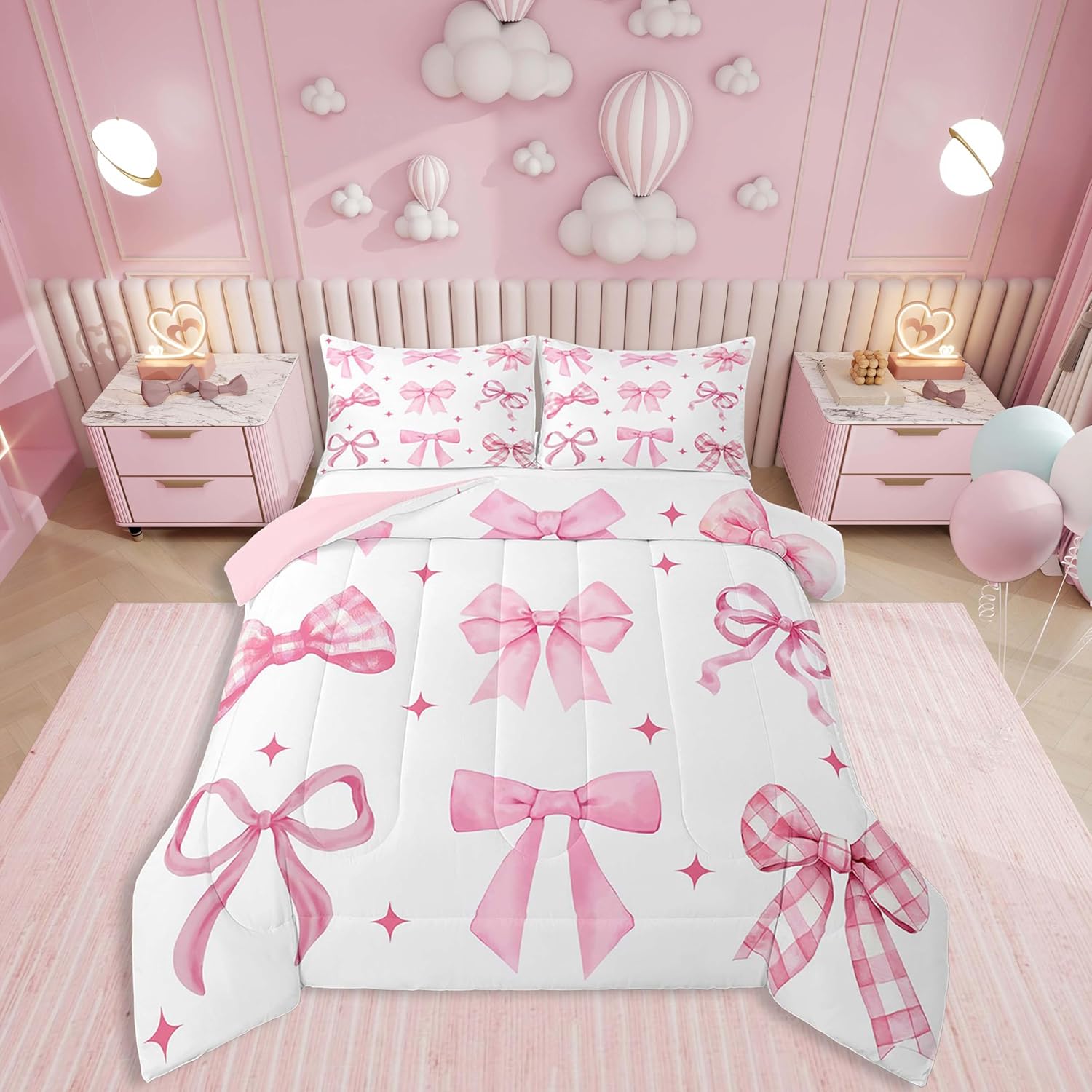 Erosebridal Lovely Bowknot Comforter Set Full,Galaxy Stars Bedding for Bow Lover,Plaid Bows Down Comforter,Aesthetic Coquette Duvet Insert Pink Full