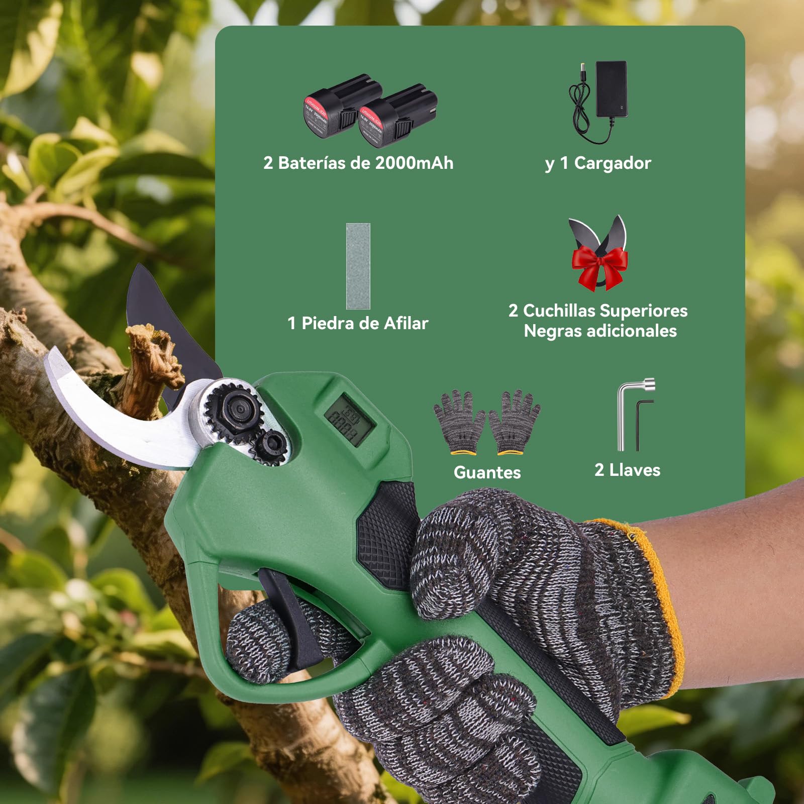 Tijeras de Podar Eléctricas 35mm Profesionales Tijeras de Podar con Baterías 21V 2x 2000Amh Ultraligera SK5 LCD Motor para Viñedos, Olivos, Árboles Frutales Verde