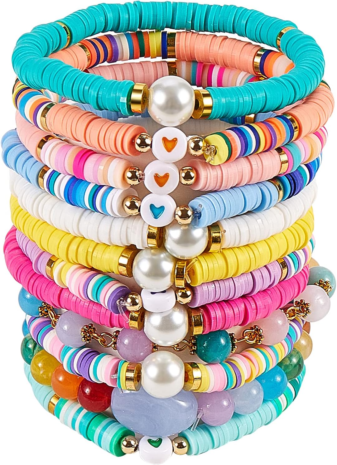 Ornaland 12 Pcs 6mm Heishi Surfer Bracelets Set Polymer Clay Heishi Beads Stretch Bracelets Bohemia Summer Beach Jewelry for Women