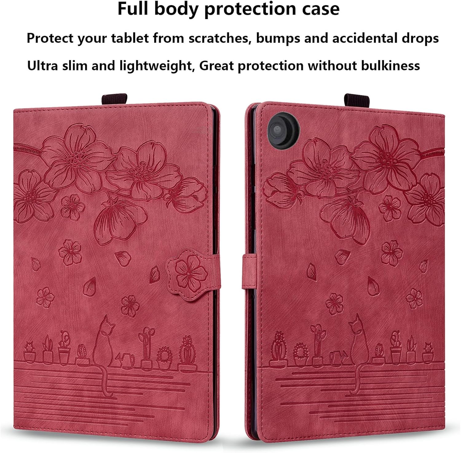 for Amazon Kindle Fire HD 8 Tablet Case (8th/7th/6th Generation, 2018/2017/2016) with Stand/Pencil Holder/Card Pockets/Embossed Flower Folio Magneic Wallet Cover, Cherry Blossom Wine Red Cat
