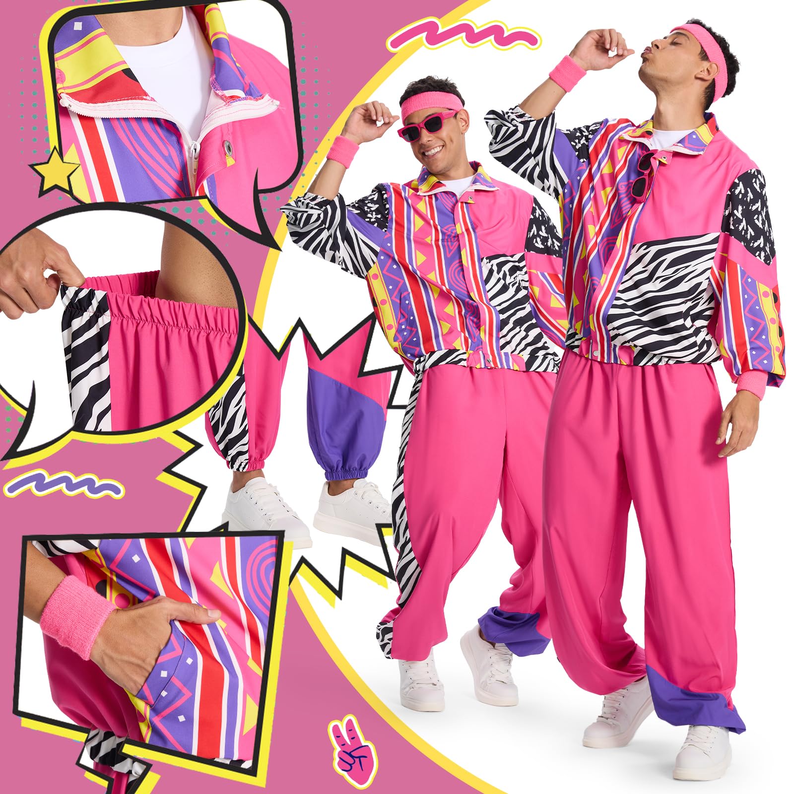 Ulikey Anni 80 90 Vestiti Donna Uomo, Abbigliamento Anni '80 e '90, Costume Anni '80 e '90 Felpa e Pantaloni con Cerchietto Bracciali Occhiali per Vestito Carnevale Cosplay