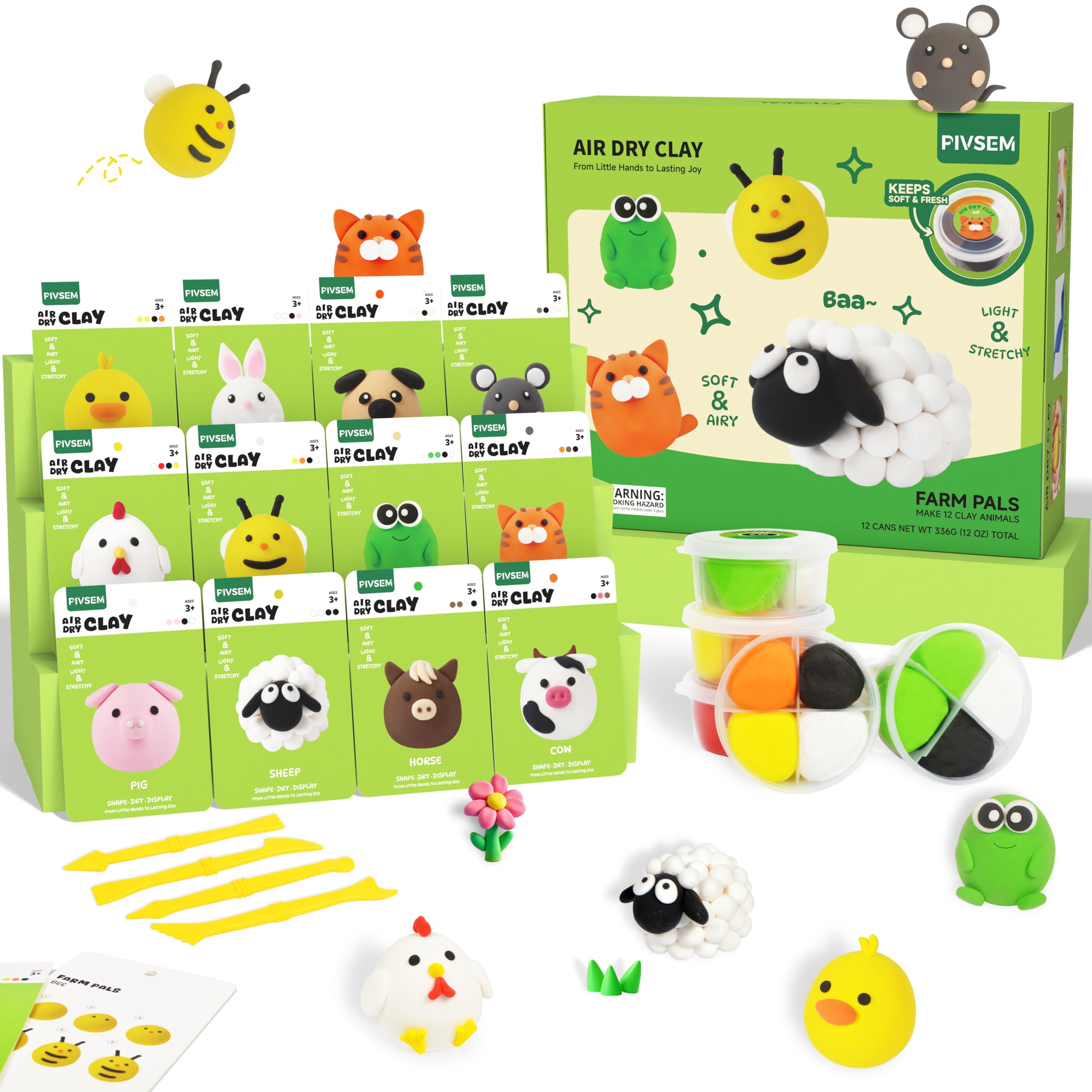 Air Dry Clay for Kids, Air Dry Clay Kit 12 Cans with Sculpting Tools and Tutorials, Soft, Safe and Non-Toxic Modeling Clay for Kids, Magic Molding Clay Set for Boys & Girls Crafts