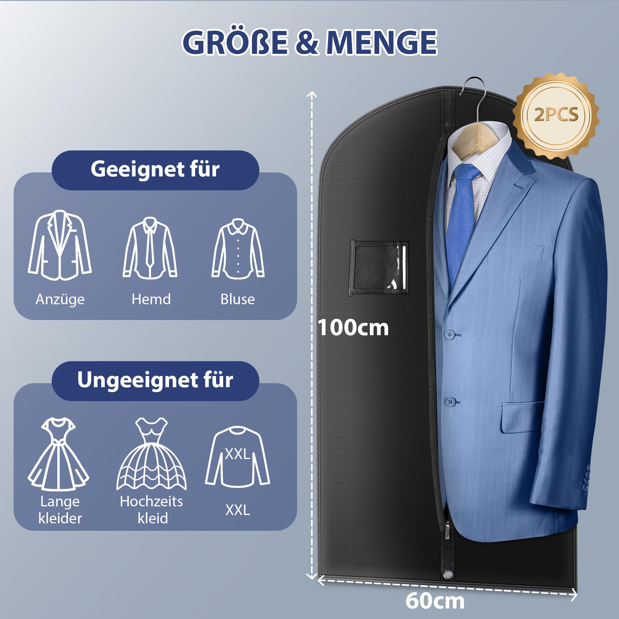 Worek na ubrania – 2 worki na ubrania + 1 torba na buty | 100 x 60 cm worek na ubrania | odporny na owady, pleśń i działanie wody | pokrowiec na garnitury, sukienki, płaszcze itd.