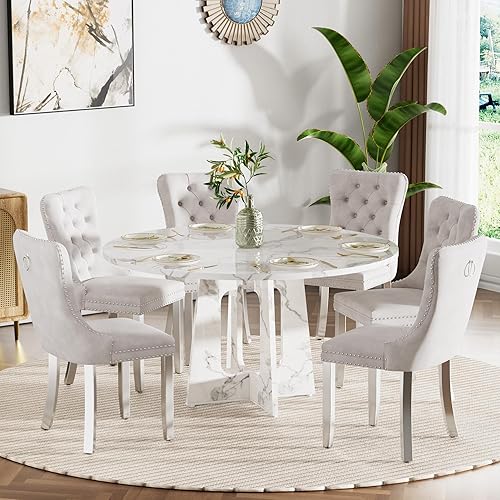 Miniatura 16 de Juego de mesa de comedor redonda de 47 pulgadas para 4, mesa de cocina de mármol sintético blanco circular con 4 sillas de comedor tapizadas de Mesa