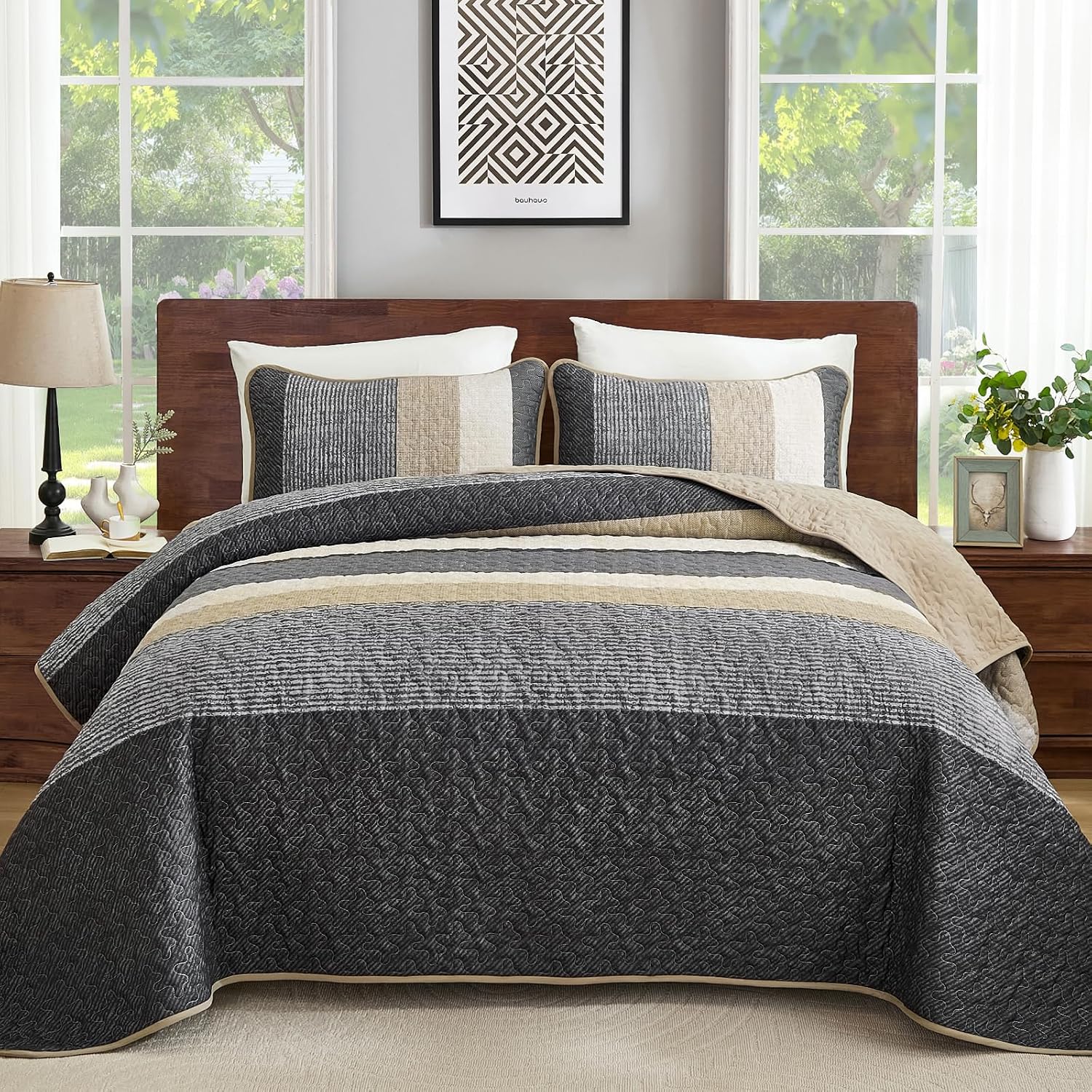 Cottolester Grey Queen Size Quilt Set, 3-Piece Boho Striped Bedding | Lightweight Microfiber Bedspread with Gray & Khaki Patchwork Design, Reversible Modern Farmhouse Coverlet All Season 96"x90"