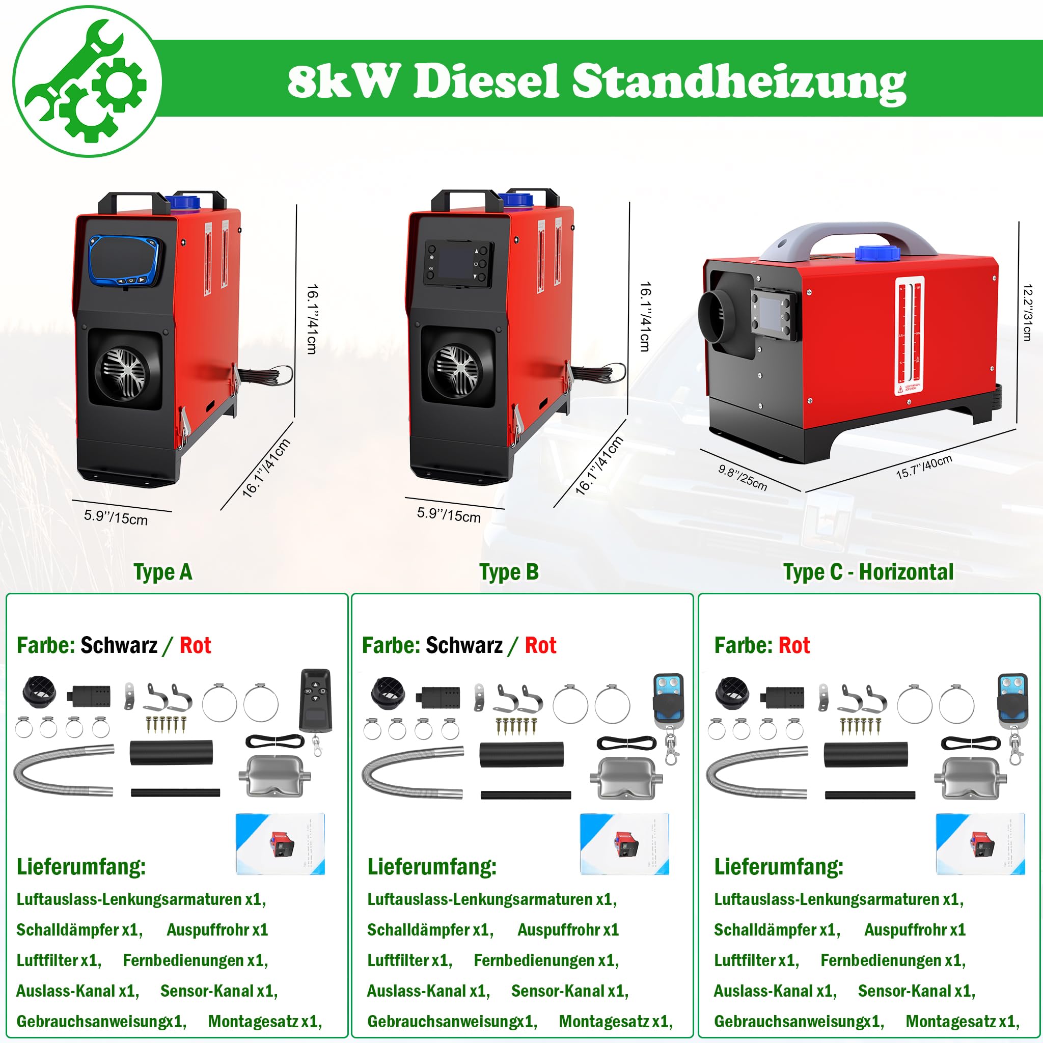 SUBTLETY 12V Diesel Standheizung 8kW Air Dieselheizung 0.18-0.48 L/h Horizontal Diesel Lufterhitzer mit Fernsteuerung LCD Monitor und Schalldämpfer für Auto LKW RV Wohnmobil Boote Bus (Rot, Typ C)