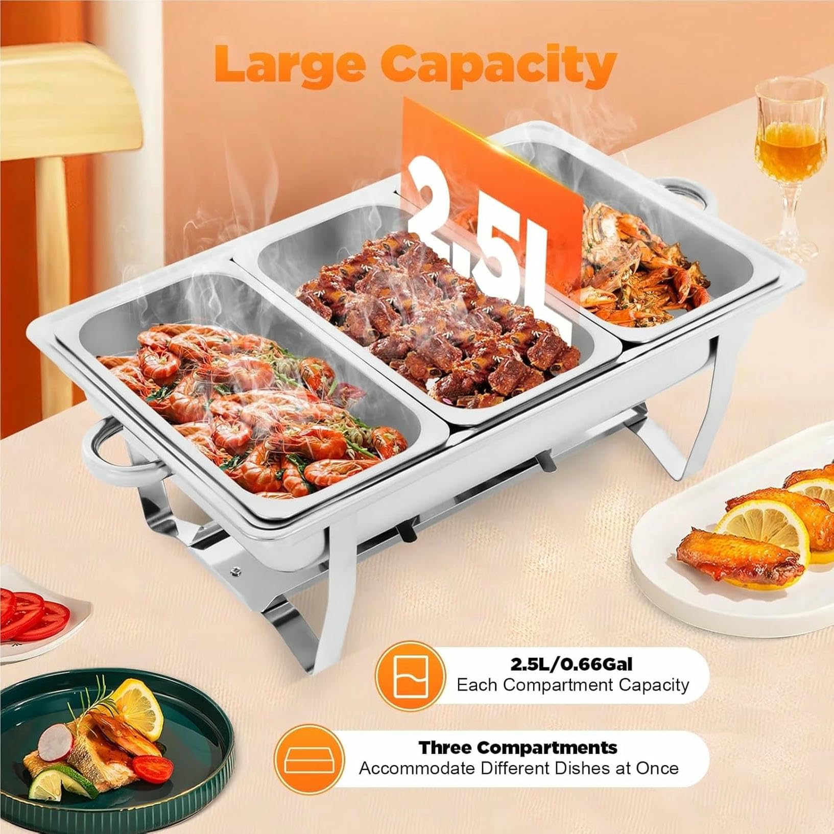 Set di scaldavivande a 3 scomparti in acciaio inox con coperchio ribaltabile per catering, ideale per feste ed eventi, per tenere pronti cibi caldi