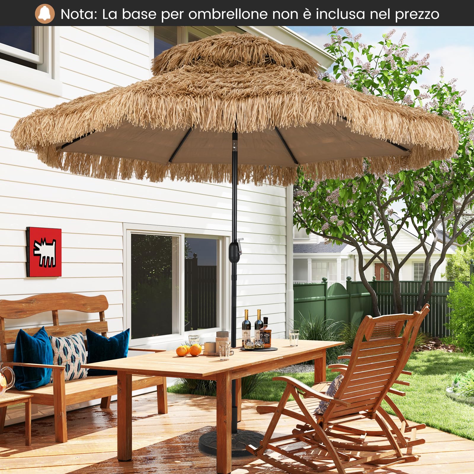 GYMAX Ombrellone Paglia PE 3x3 M, in a 12 Strati, Inclinazione 30° con Manovella Manuale, Tettoia Ventilata, 8 Costole, Stile Hawaiano, per Piscina, Patio, Spiaggia, Giardino