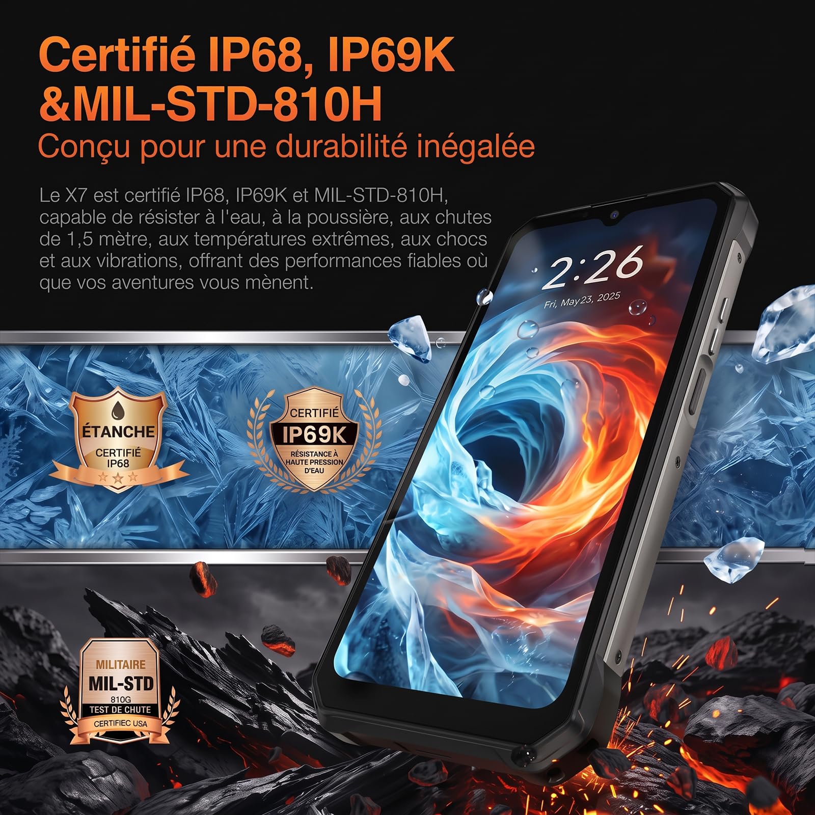 AGM X7 Smartphone Incassable 5G, Android 16, NFC，Écran FHD+ 6,72" 120Hz