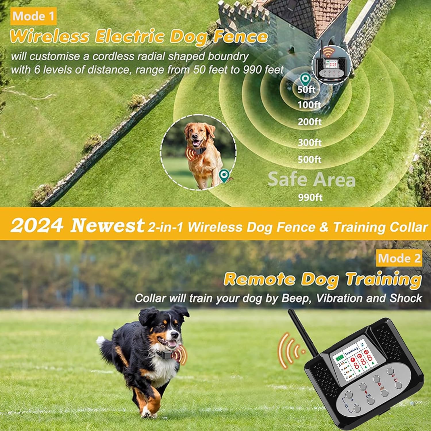 Wireless Dog Fence, Electric Dog Fence & Remote Training Collar 2 in 1, Vibration & Shock, IP67 Waterproof Receiver, 3 Modes, 2026 Pet Boundary Containment System for 1/2/3/4 Dogs,for4dogs