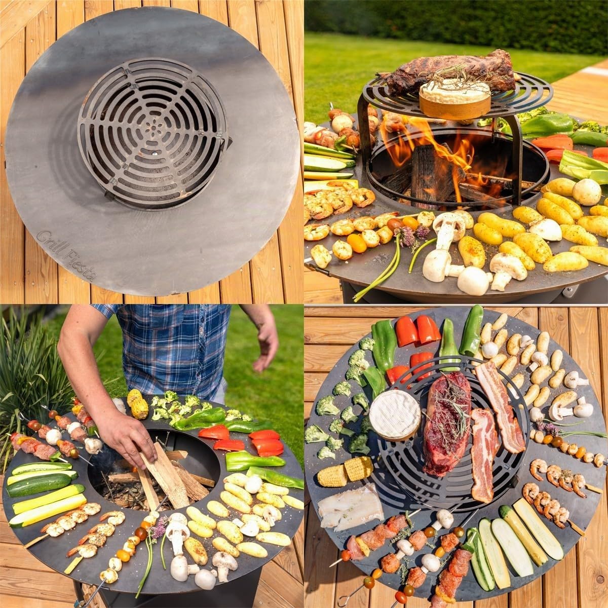 Mon Mobilier Design Fiesta Braciere Alto con Piastra e Griglia Rimovibile in Acciaio Barbecue Plancha Esterno Ø 75 cm