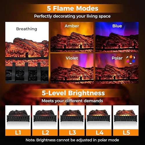 Miniatura 2 de KOTEK Juego de troncos de chimenea eléctrica, calentador de troncos de chimenea de 26 pulgadas con control remoto, 5 modos de llama, temporizador de