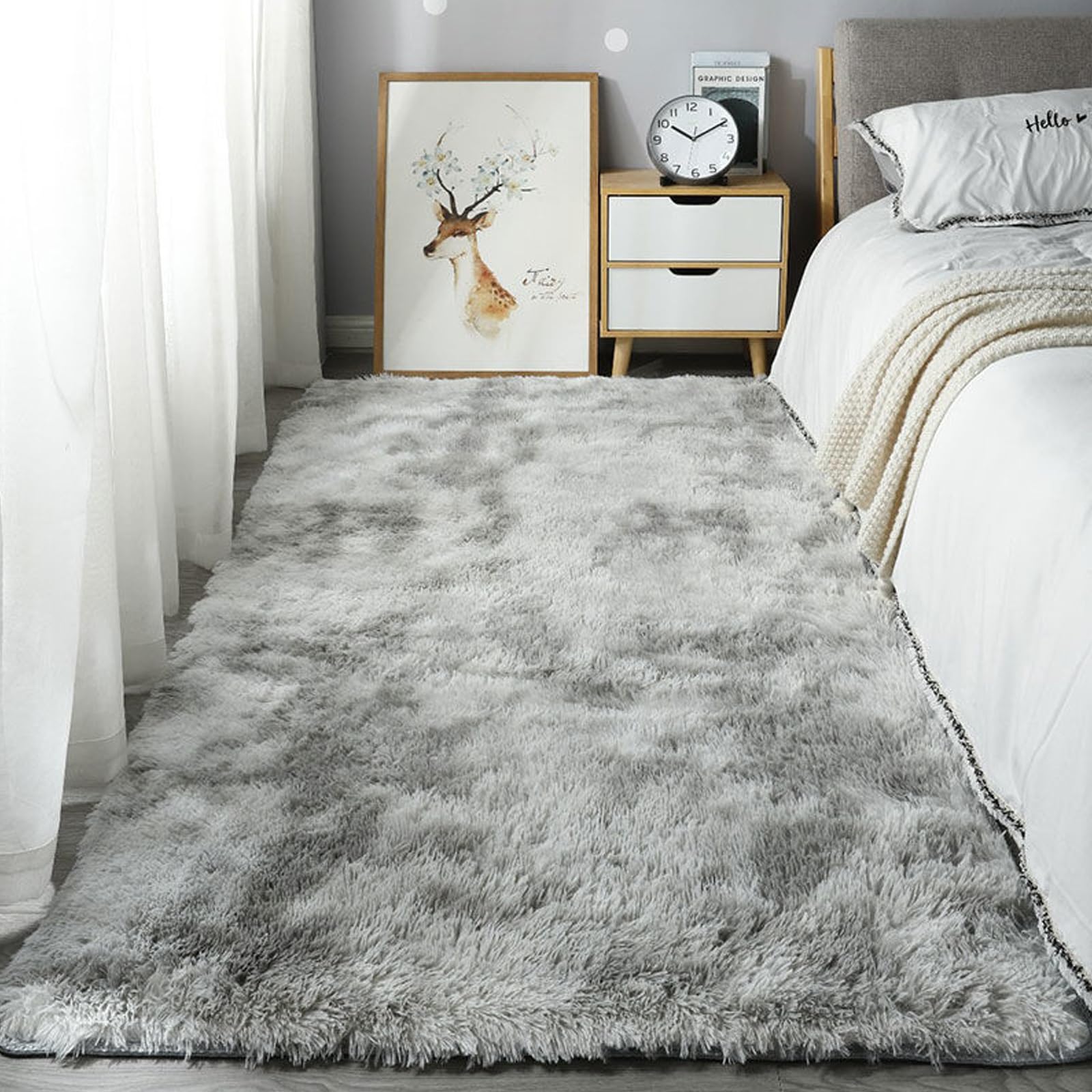 Tapis Salon Shaggy 135x345cm - Grand Tapis à Poils Longs Gris Clair Antidérapant