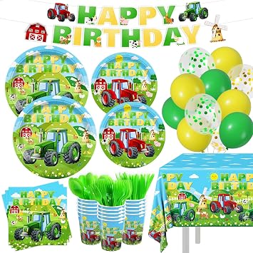 232pcs Tractor Birthday Party Decorations Party Plates Napkins Disposable Paper Cups Tablecloth Banner Boys Tractor Farm Birthday Party Supplies Tableware Set 24 Serve