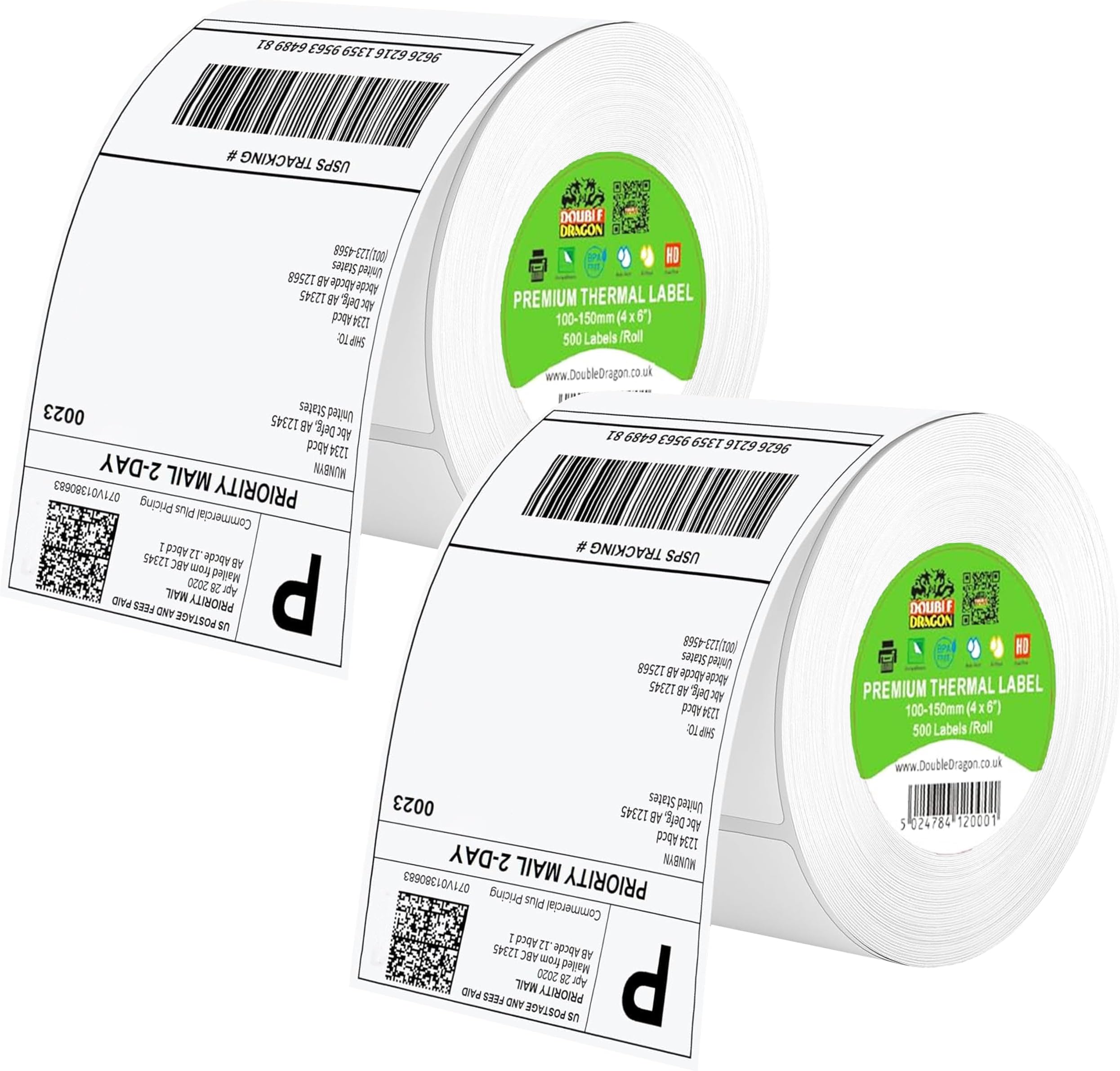 Double Dragon 100 x 150 mm (4" x 6") Premium Coated Self-Adhesive Direct Thermal Label for Zebra, MUNBYN Printers [1 Roll - 500 Label] (Pack of 2)