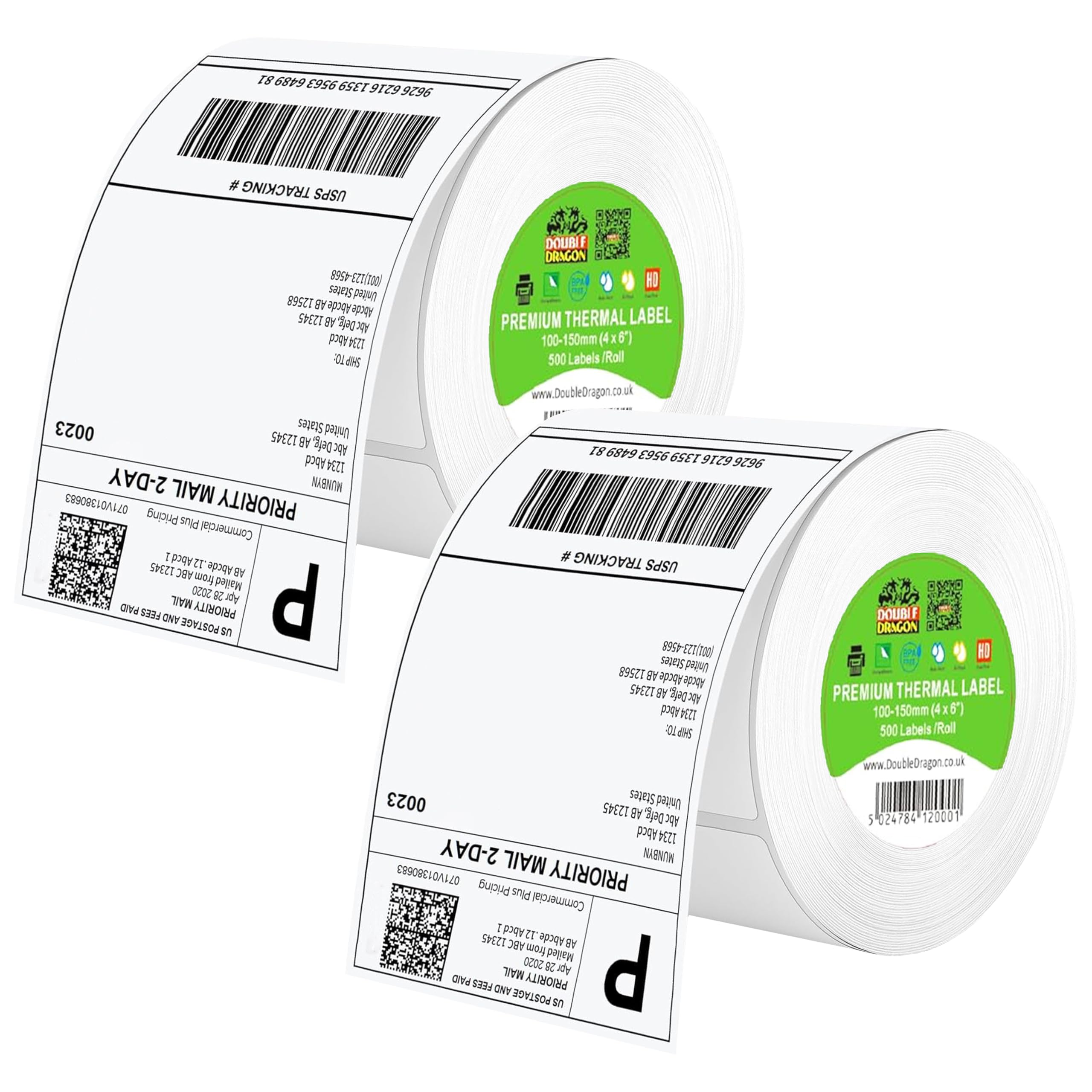 Double Dragon 100 x 150 mm (4" x 6") Premium Coated Self-Adhesive Direct Thermal Label for Zebra, MUNBYN Printers [1 Roll - 500 Label] (Pack of 2)