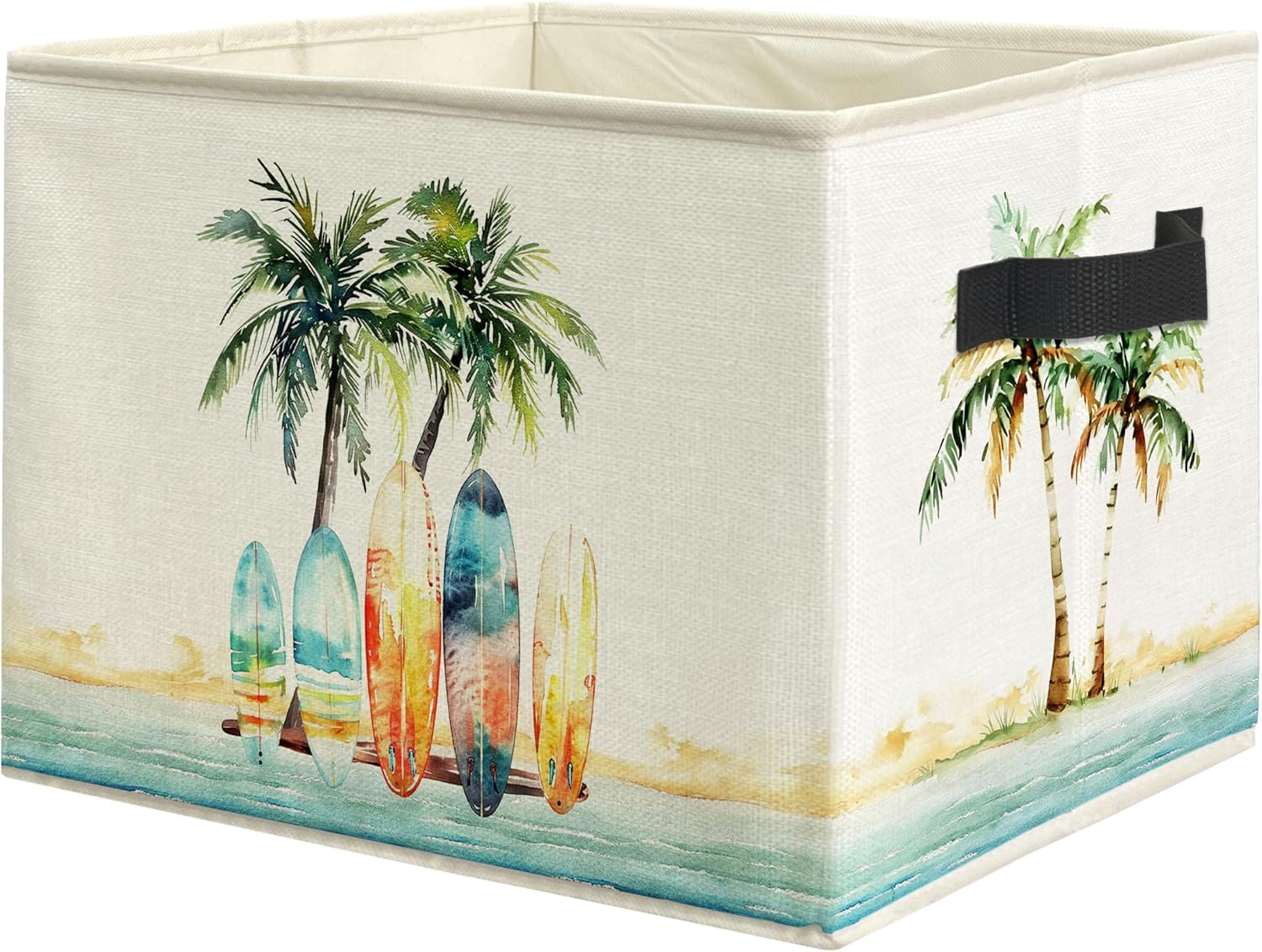Coastal Beach Surfboard Storage Bin Box with Handles, Tropical Summer Beach Surf Palm Tree Foldable Linen Fabric Laundry Basket for Home Bedroom Bathroom Clothes Toys Books