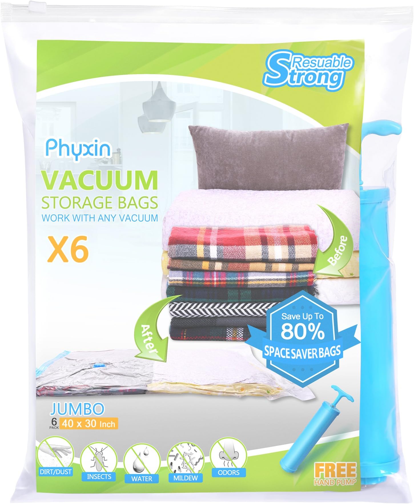 Phyxin Vacuum Storage Bags Jumbo(40 x 30 Inch) Space Saver Sealer Bags Plastic for Clothes comforters Blankets Pillows Reusable 80% More Compression Free Hand-Pump for Travel (6 Pack)