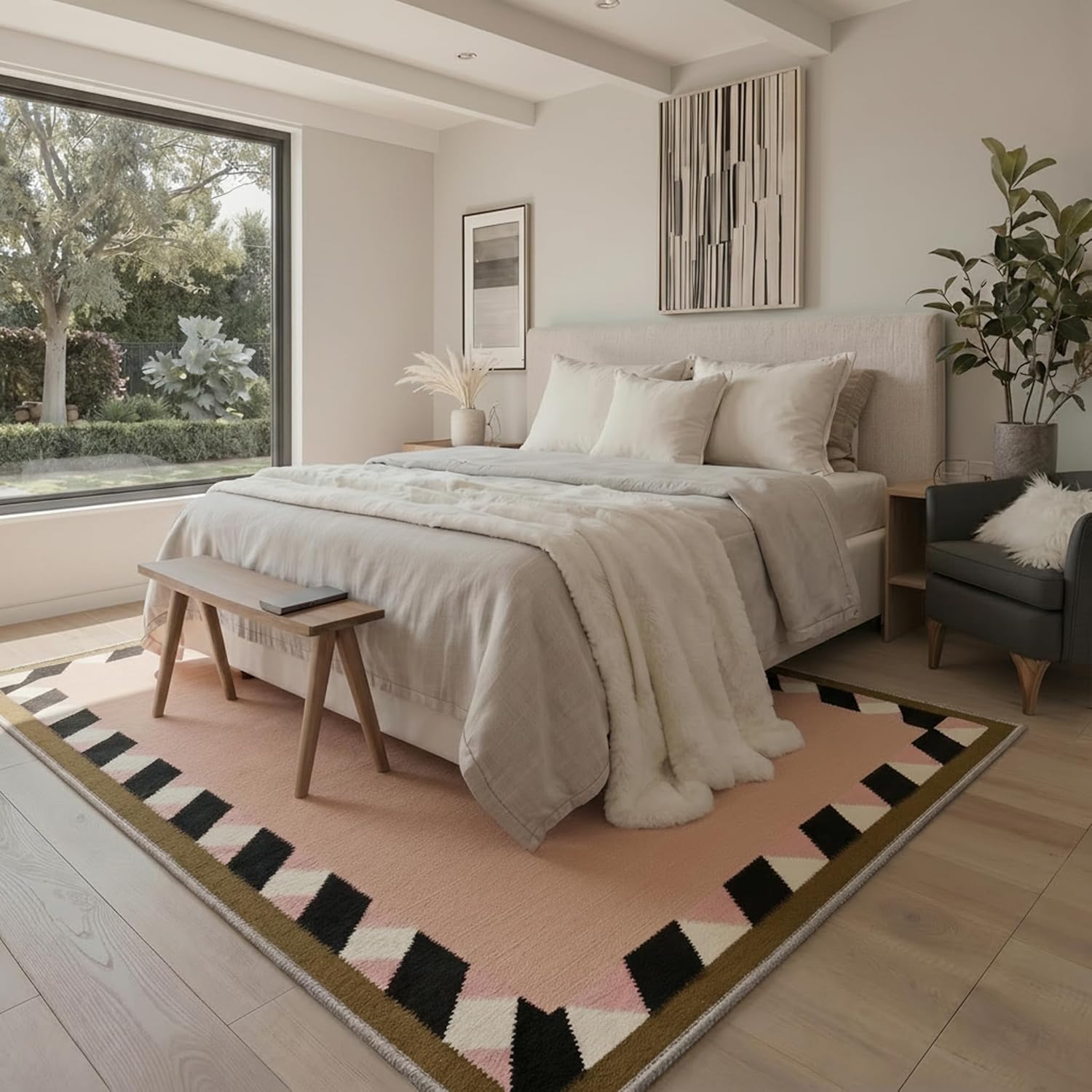 Bavni 5x7 Area Rugs for Living Room Bedroom Dining Room, Machine Washable Non Slip Low Pile Lightweight Print Pattern Rug with Zigzag Border, Dusty Beige