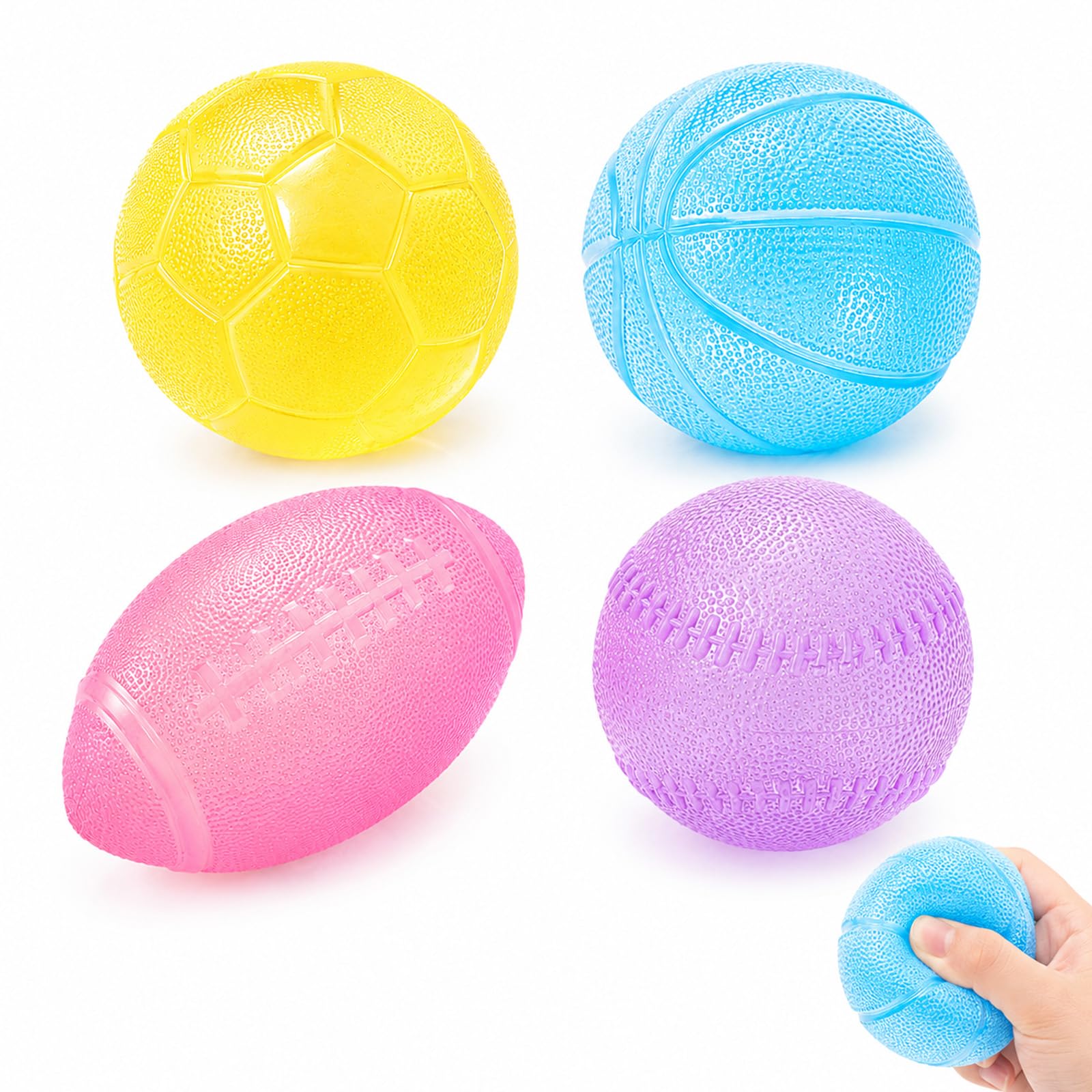 PDMYUG 4 PCS Squishy Ball, Football Squishy, Diverse and Entertaining, Ideal for Home and Office Desk Decoration, Yellow, Pink, Purple, Blue
