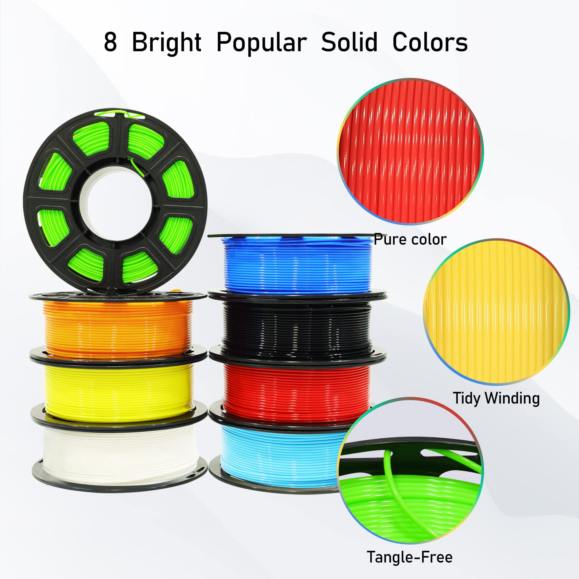 1.75mm 8 Spools Popular Colors 3D Printer PLA Filament Bundle Pack: Black White Red Blue Yellow Orange Limegreen SkyBlue, Each Spool 250g, Widely Compatible, Total 2Kg 3D Printing Filament