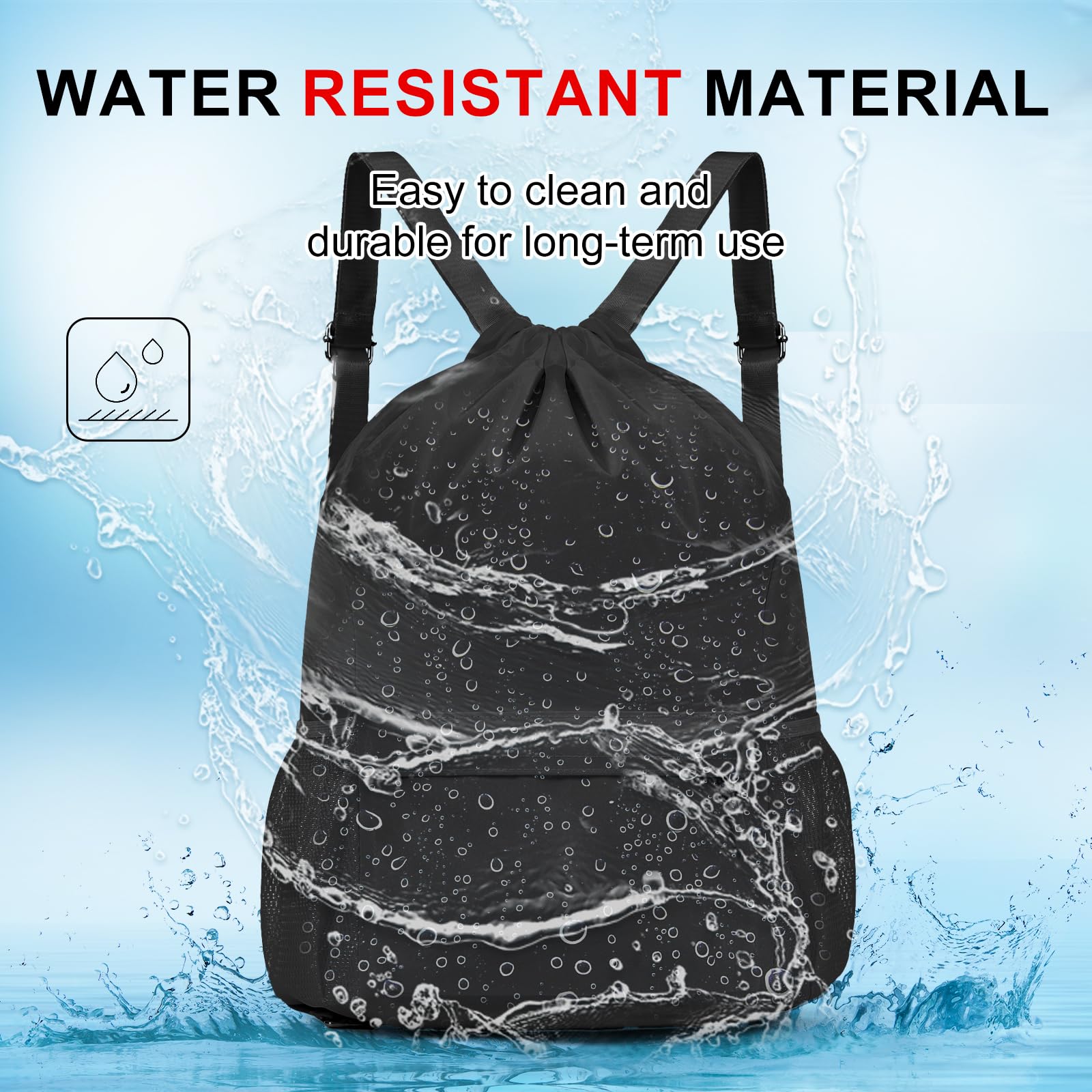 Mochila deportiva con cordón para gimnasio con cuerda grande resistente al agua, bolsillo lateral de malla para hombres y mujeres